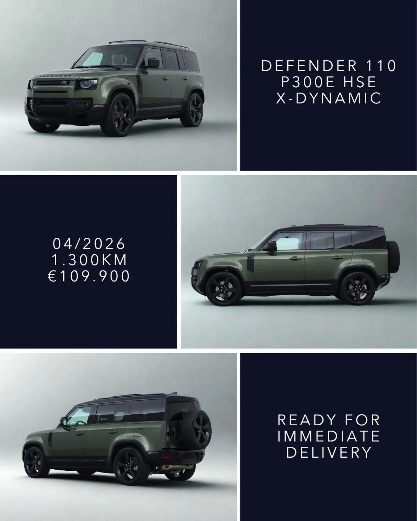 🇬🇧 A nearly new Defender 110 P300e HSE X-Dynamic, finished in Woolstone Green with contrasting black roof and Caraway Windsor leather interior. First registered 04/2026 with only 1,300 km, available for immediate delivery.

Highlights include 22&rd