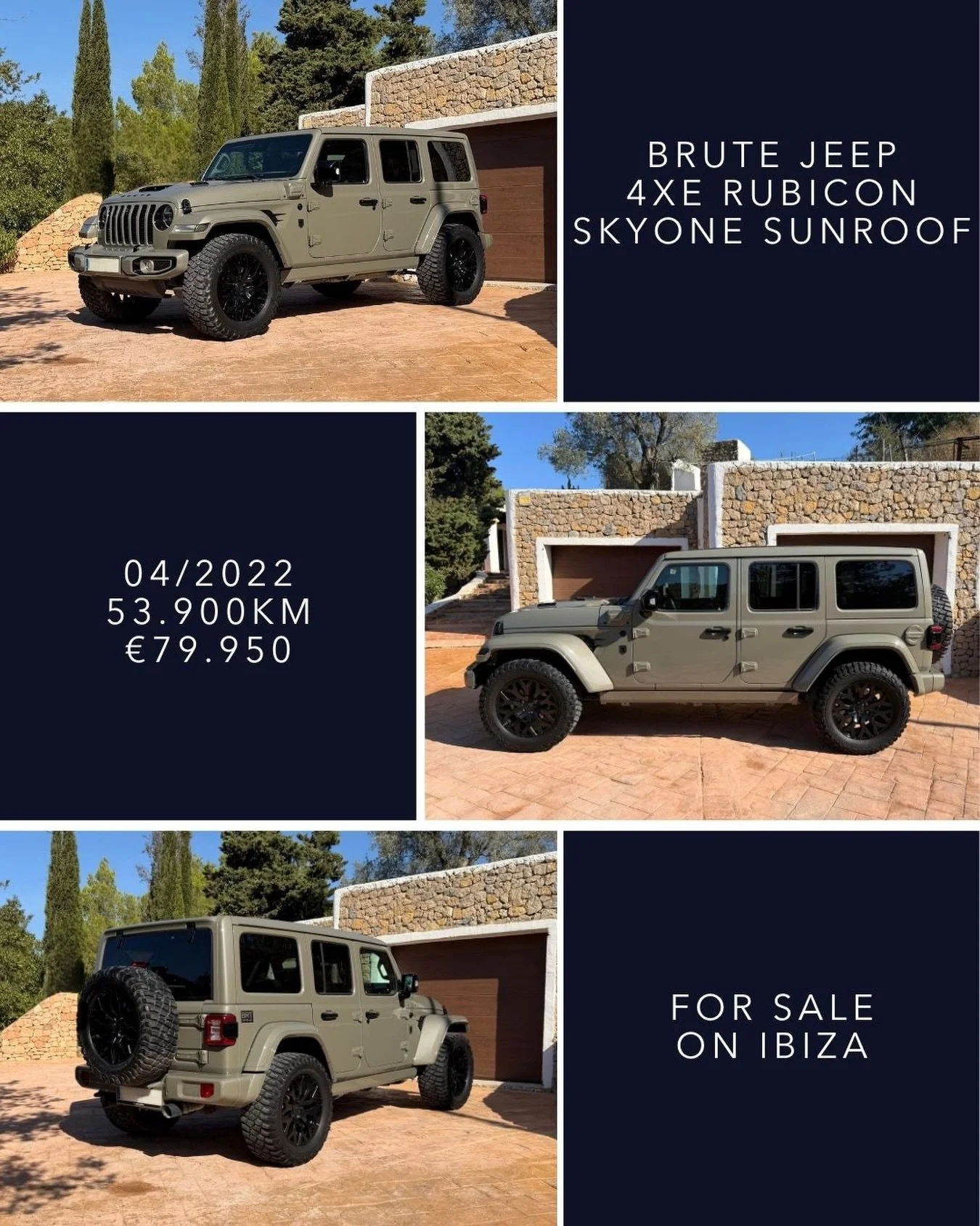 🇬🇧 FOR SALE ON IBIZA - Brute Jeep 4xe Rubicon, 04/2022, 53,900 km, &euro;79,950. Finished in Blazing Mantis Green with Keystone Diamond interior. Highlights include 20&rdquo; Custom Black Brute wheels with 35&rdquo; BFG tires, Sky One-Touch Sunroof