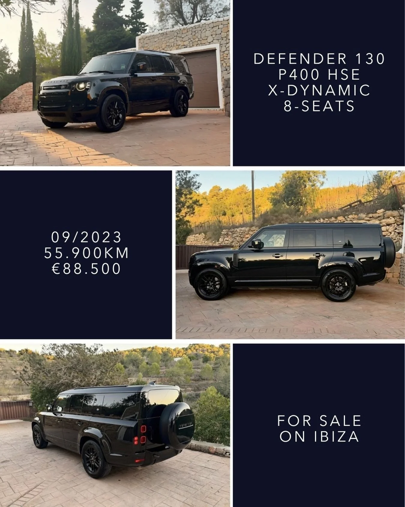 🇬🇧 FOR SALE ON IBIZA &bull; Defender 130 P400 HSE X Dynamic with 8 seats, finished in Santorini Black with Ebony Windsor leather interior. Powered by the 400 PS 3.0 litre six cylinder petrol engine. First registered 09/2023 with 55,900 km, Spanish 