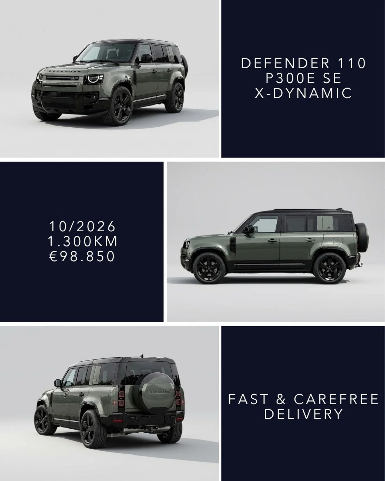 🇬🇧 Defender 110 P300e SE X Dynamic with a contrasting black roof and Ebony Resist interior. First registered 10/2026 with only 1,300 km. &euro;98,850. fast &amp; carefree delivery to your home with Spanish registration.

Highlights include 22&rdquo