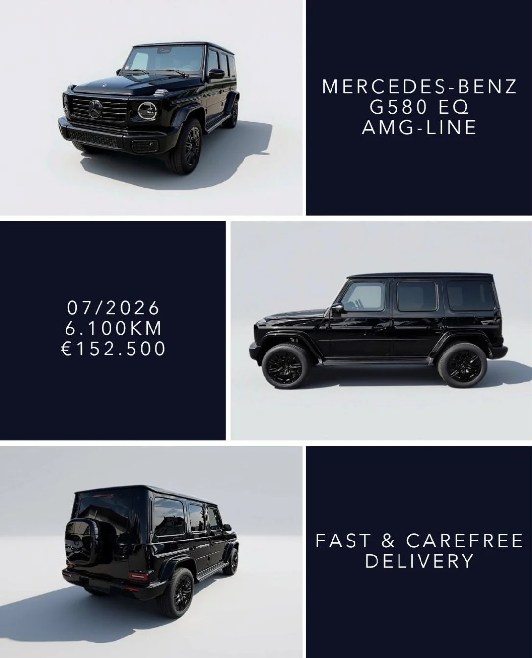 🇬🇧 Mercedes-Benz G580 EQ AMG-Line, finished in Obsidian Black Metallic with a black leather EXCLUSIVE Line interior. First registered 07/2026 with 6,100 km. &euro;152,500. fast &amp; carefree delivery to your home with Spanish registration.

Highli
