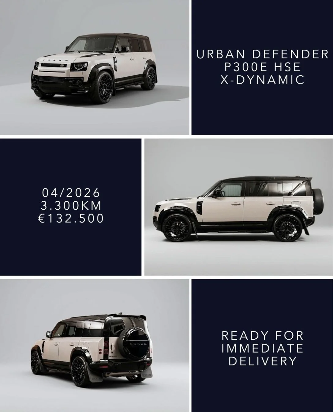 🇬🇧 URBAN Defender 110 P300e HSE X Dynamic, finished in Borasco Grey Metallic with a contrasting black roof and Ebony Windsor leather interior. First registered 04/2026 with only 3,300 km, ready for immediate delivery. &euro;132,500. fast &amp; care
