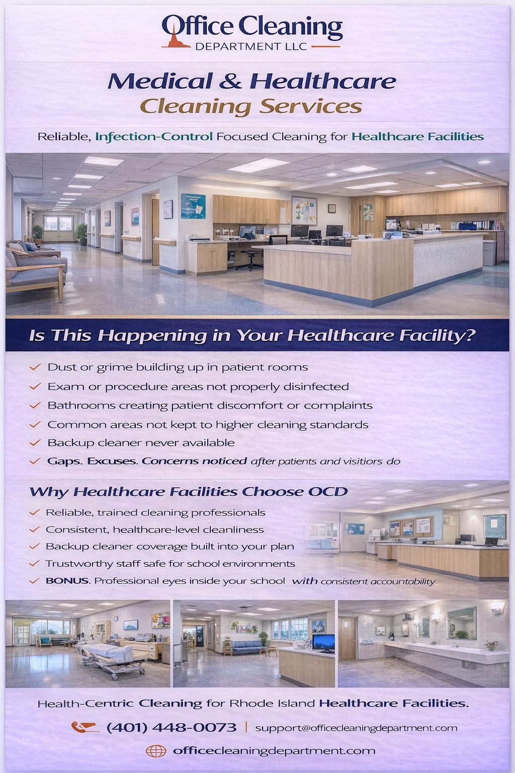 office cleaning in Providence, Rhode Island medical and health sanitization cleaning, high to low dusting and full wipe downs, for clear presentation Waiting area cleaning, trash removal for patient-ready spaces in Johnston, Rhode Island