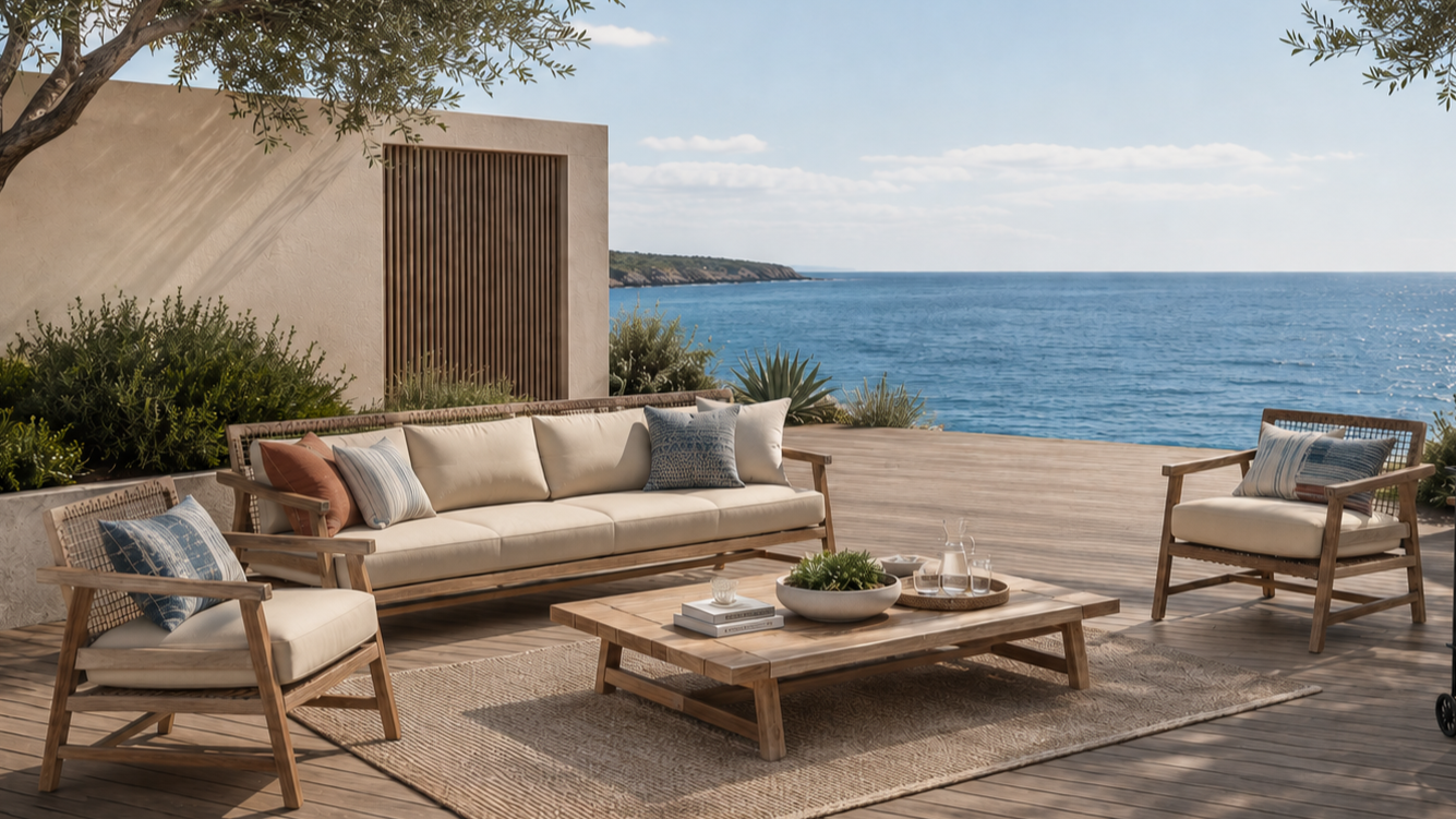 Outdoor patio with wooden furniture and a view of the ocean