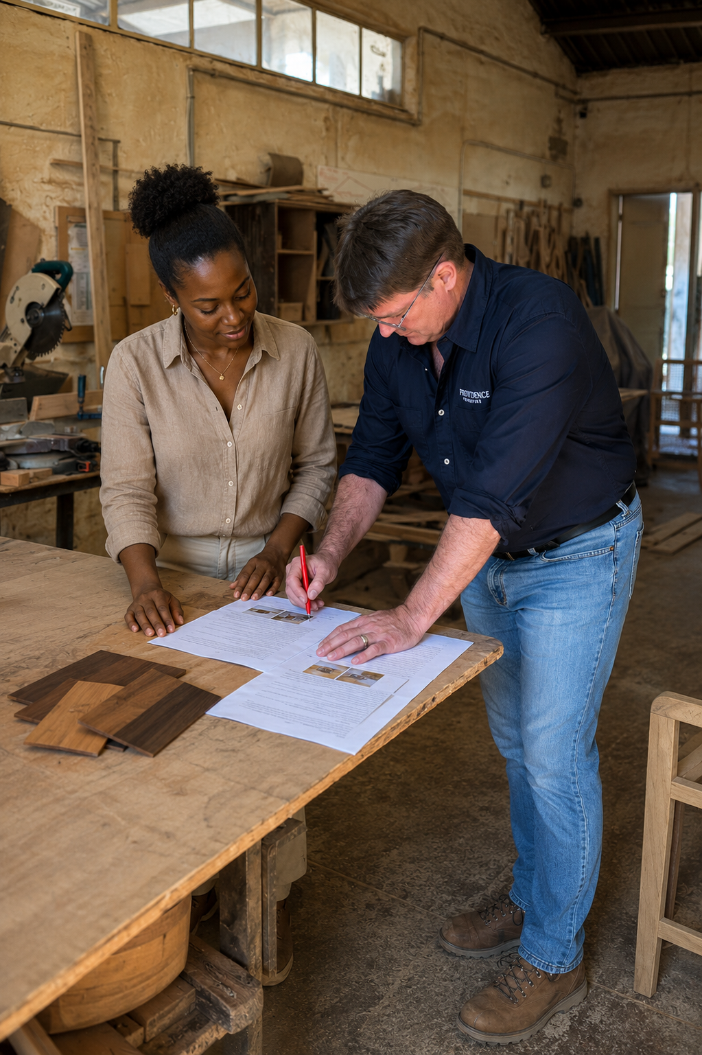Two people reviewing plans and color samples in a woodworking shop.