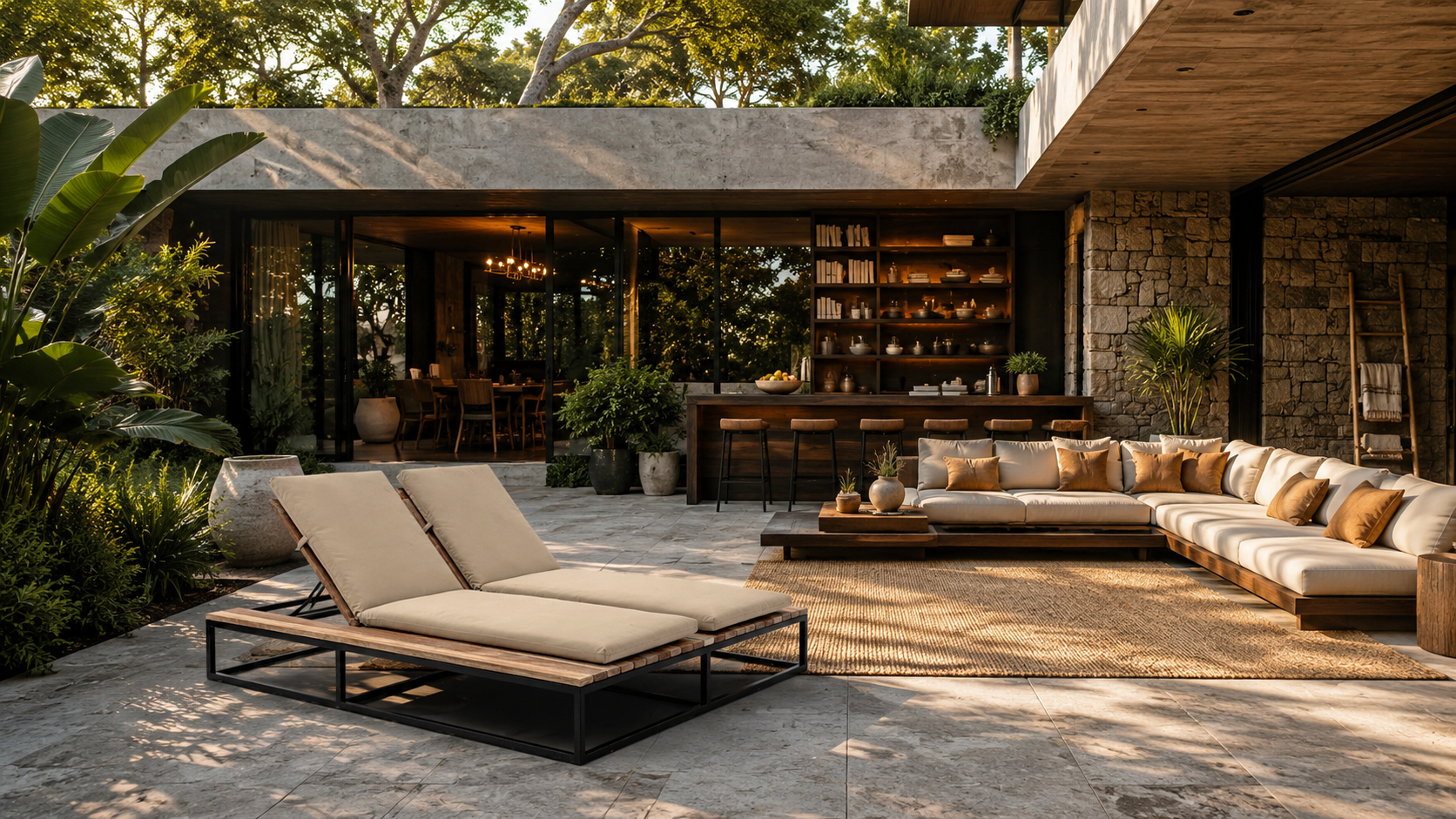 Modern outdoor patio with beige lounge chairs, a sectional sofa with cushions, wooden coffee table, potted plants, and a built-in bar with shelves. Seen through glass doors, there is a dining area with a chandelier inside. The space is surrounded by greenery and trees.