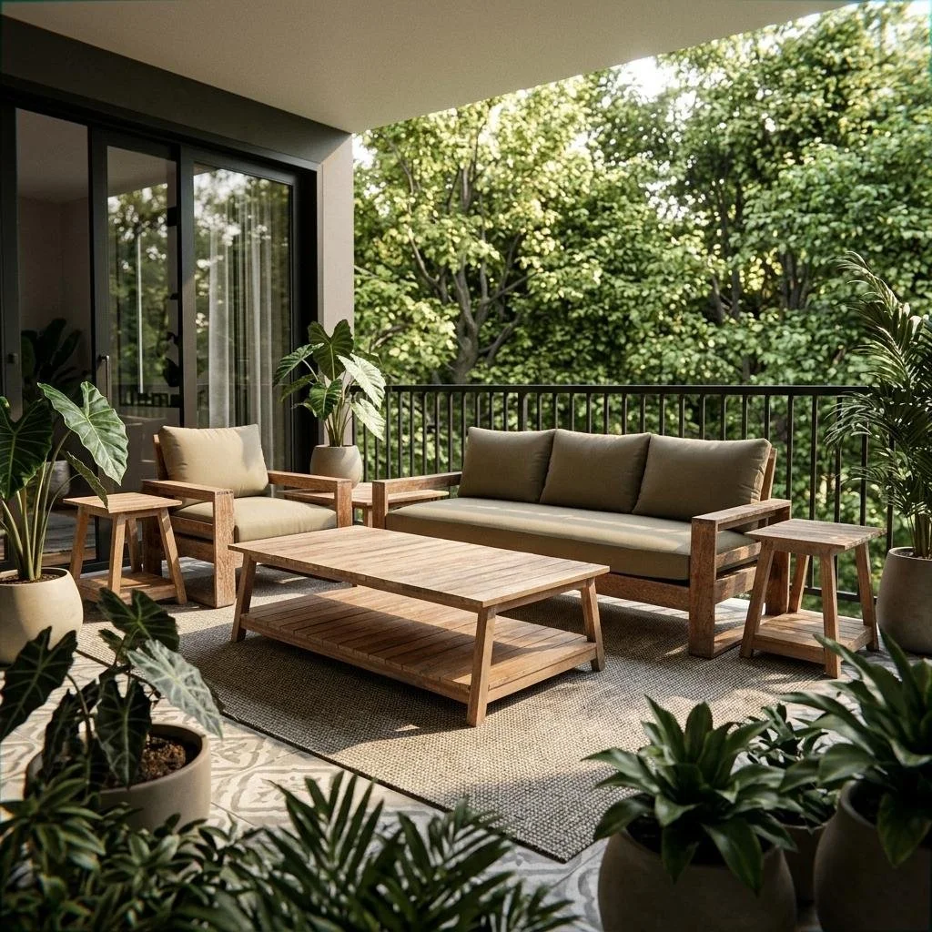 Outdoor balcony with wooden furniture, including a sofa, armchairs, side tables, and a coffee table, surrounded by potted plants and trees in the background.