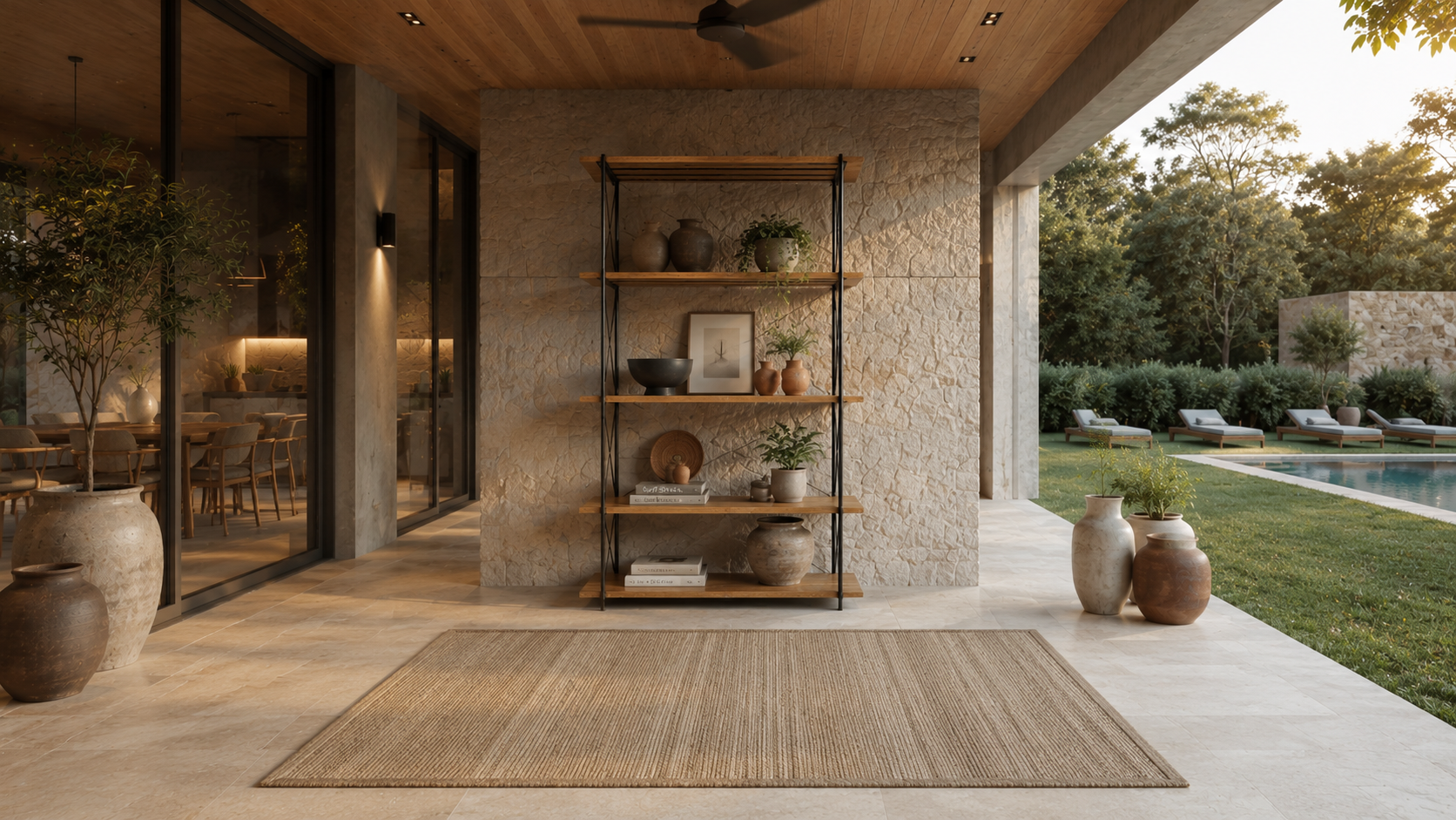 Modern outdoor patio with a stone wall, wooden ceiling, and decorative vases; view of a backyard with lounge chairs and swimming pool.