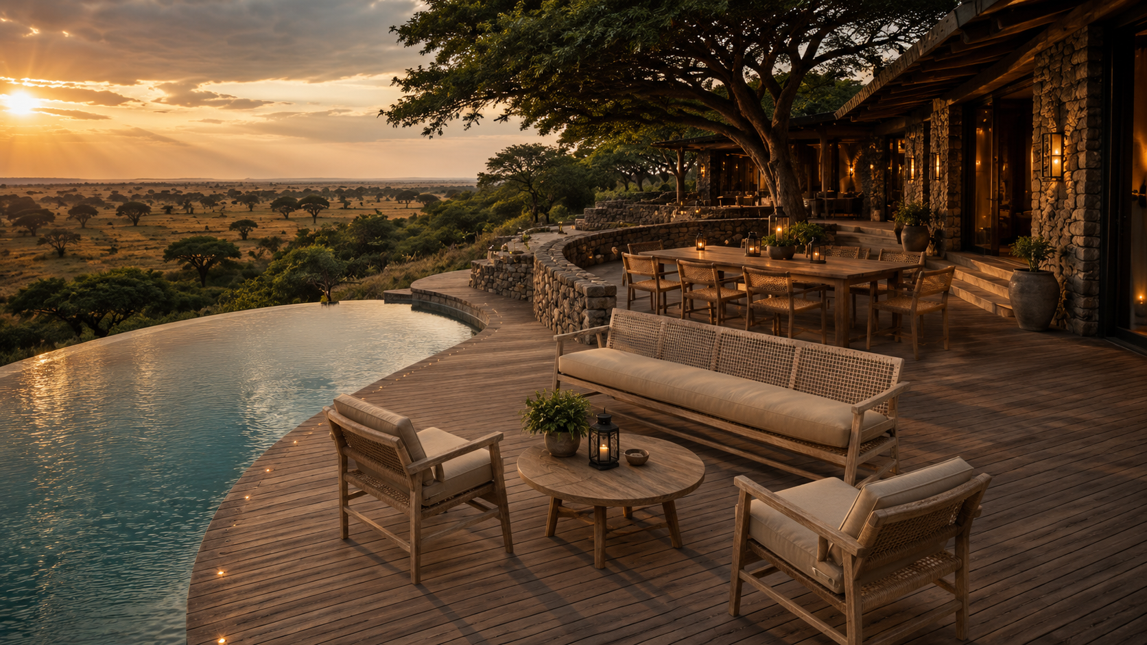 An outdoor patio with wooden furniture, lanterns, and potted plants, overlooking a savannah landscape at sunset with acacia trees and an infinity pool.