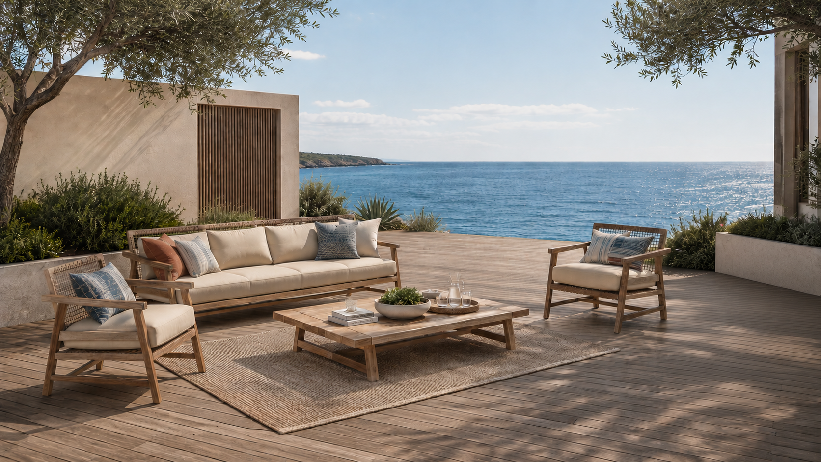 Outdoor patio with wooden furniture including a sofa and chairs, a wooden coffee table with a centerpiece, ocean view with blue water, clear sky, and distant hills, surrounded by greenery and trees.