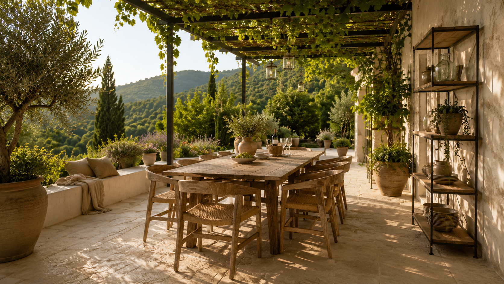 An outdoor patio with a wooden dining table, chairs, potted plants, and hanging lanterns, overlooking green hills and trees.