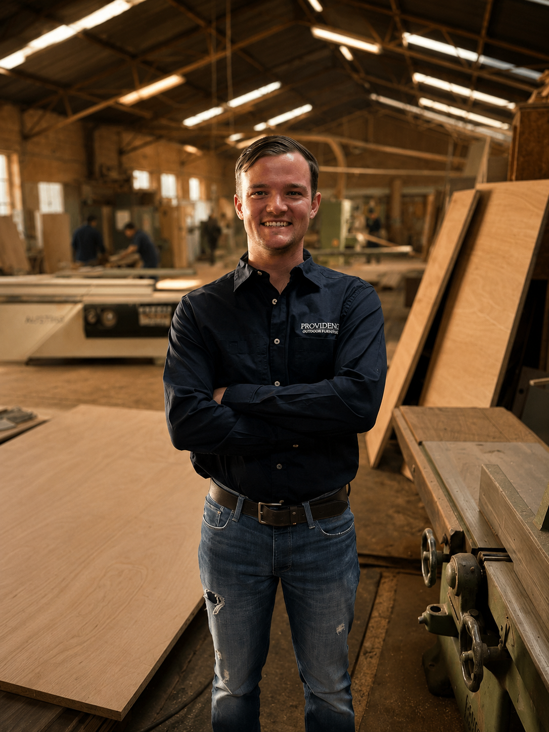 A young man smiling with crossed arms standing in a woodworking shop with large wooden sheets and machinery in the background.