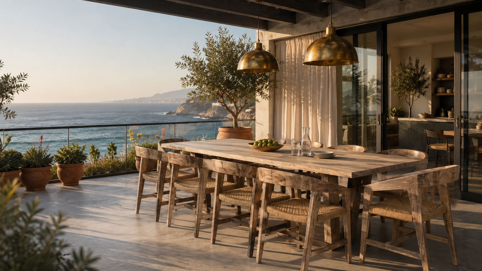 Outdoor dining area on a balcony overlooking the ocean with wooden table, six chairs, potted plants, a bowl of limes, and hanging pendant lights.
