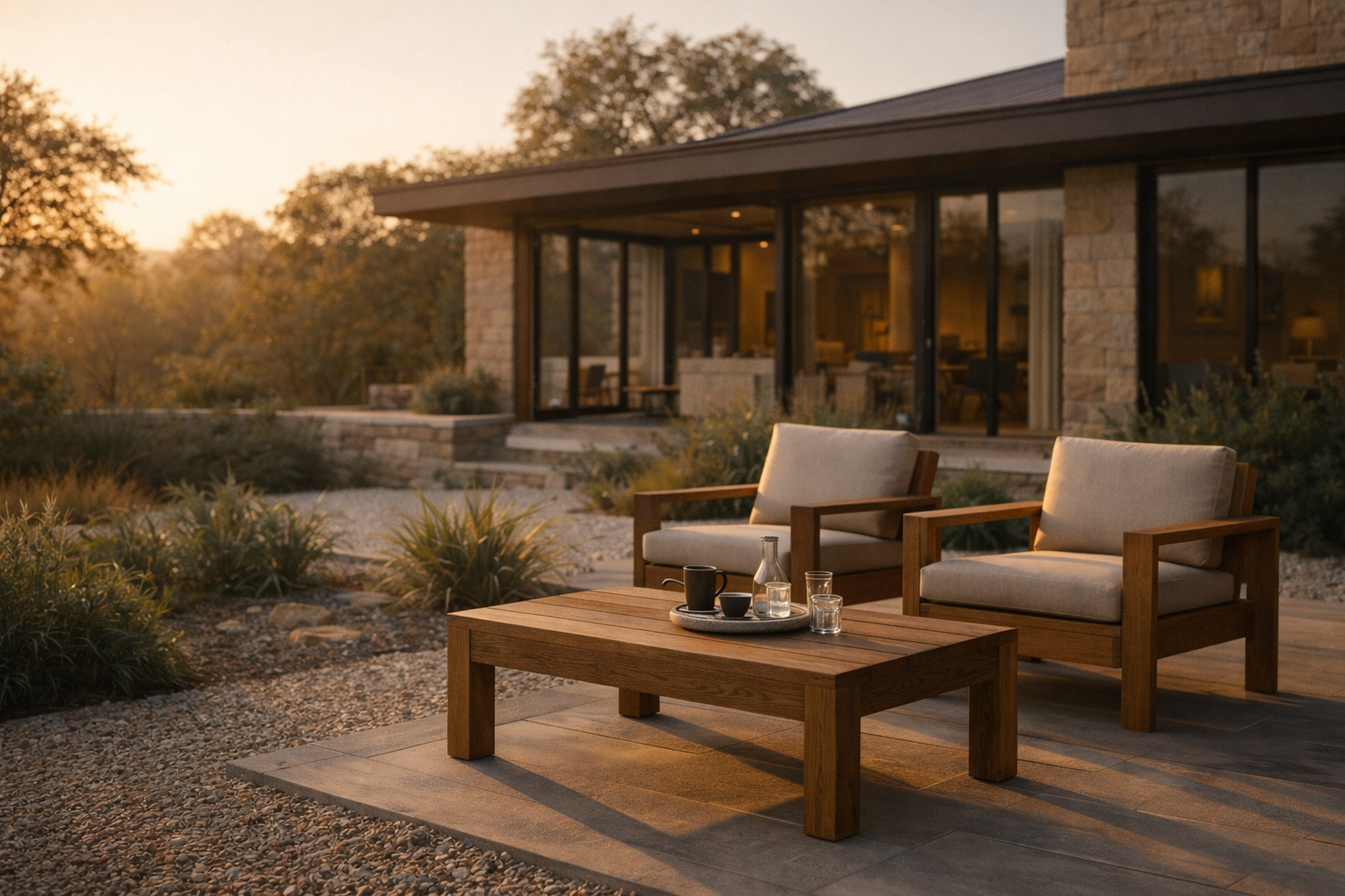 Outdoor patio with two wooden armchairs with beige cushions, a wooden coffee table with a tray holding a black mug, a glass bottle, and drinking glasses, in front of a modern house with large glass windows, during sunset.