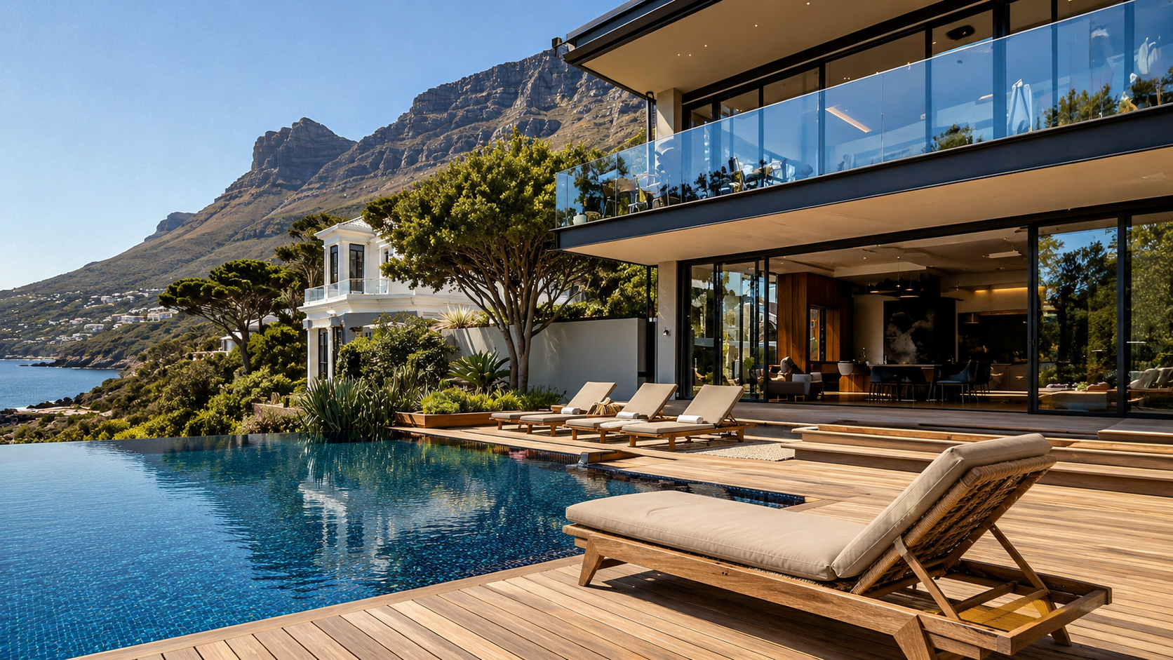 Luxury modern house with outdoor infinity pool, wooden deck chairs, lush greenery, hillside view, and mountain backdrop.