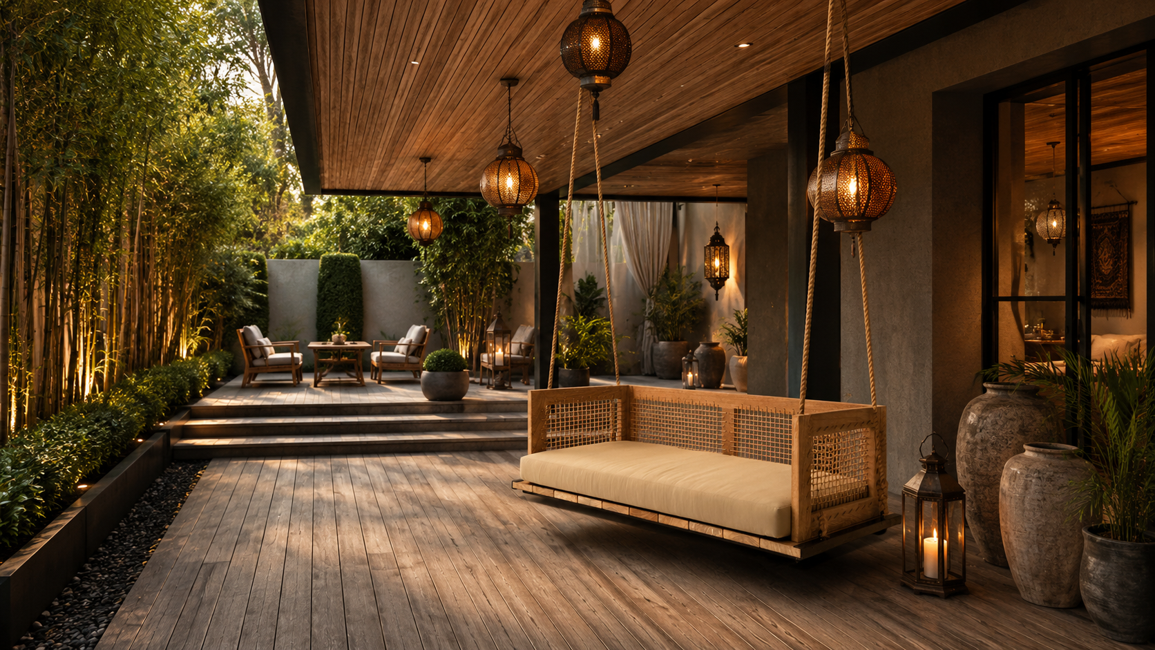 Outdoor patio with hanging swing, chairs, and table, surrounded by potted plants, lanterns, and warm lighting, during sunset.