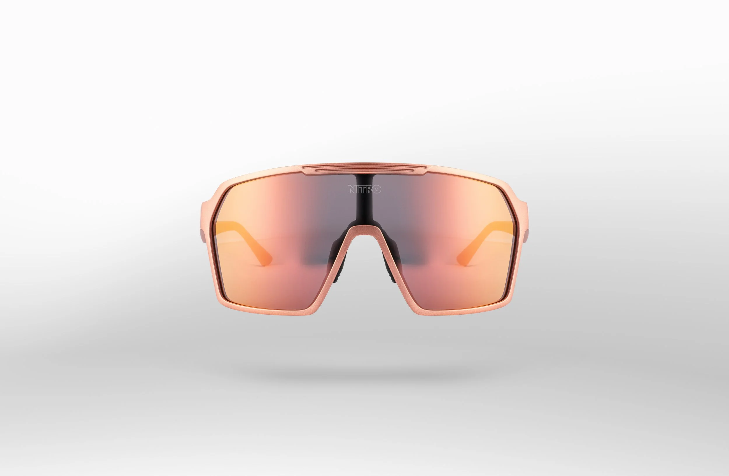 Occhiali da sole con montatura rosa e lenti arancioni riflettenti