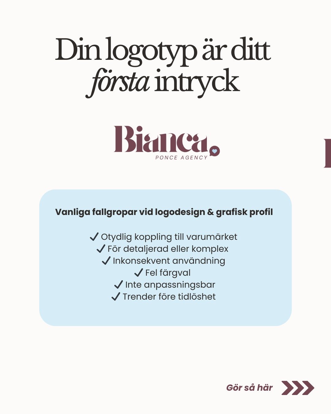 En logotyp & grafisk profil är mer än bara snygg design.
Det ska spegla ditt varumärke och skapa en enhetlig känsla i ALLA sammanhang ✨
Många företag fastnar i vanliga fallgropar...men det finns lösningar! 👇