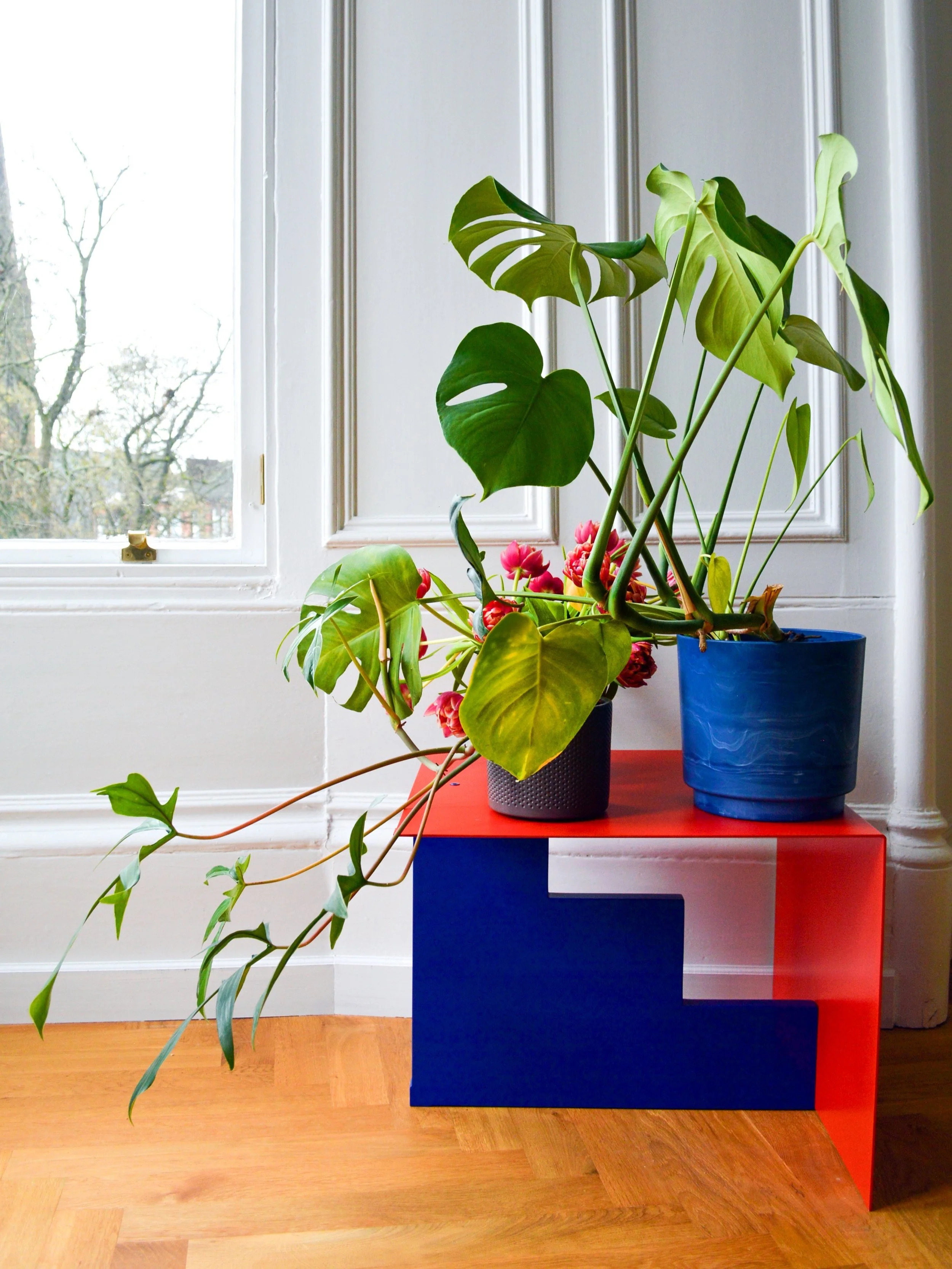 Indoor scene with two potted plants on a multicolored geometric stand next to a window, with a view of bare trees outside.