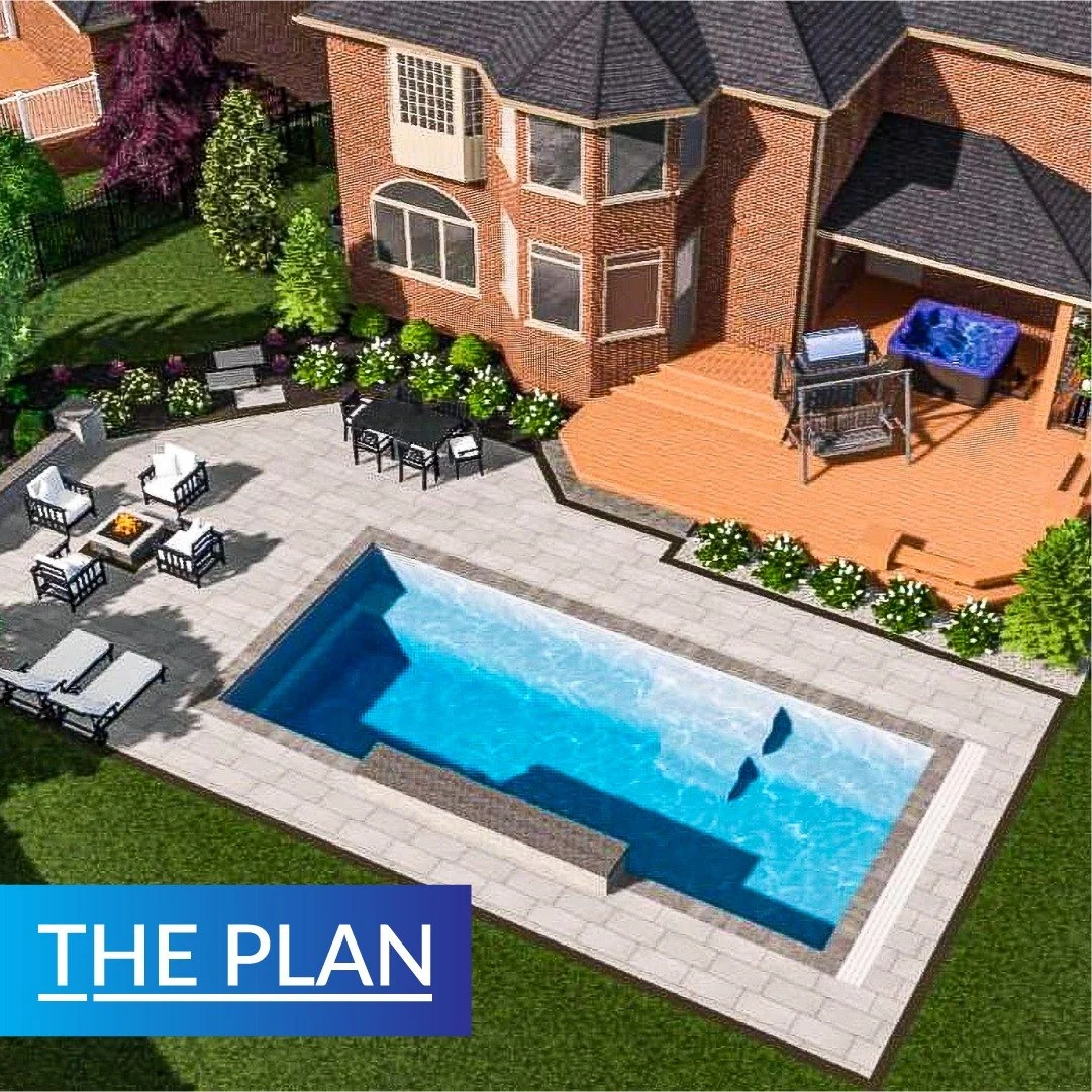 From the plan to the finished product.

This backyard design was brought to life with a full outdoor living space, featuring a fiberglass swimming pool, spacious patio, deck area, garden beds, and multiple zones for relaxing and entertaining.

A grea