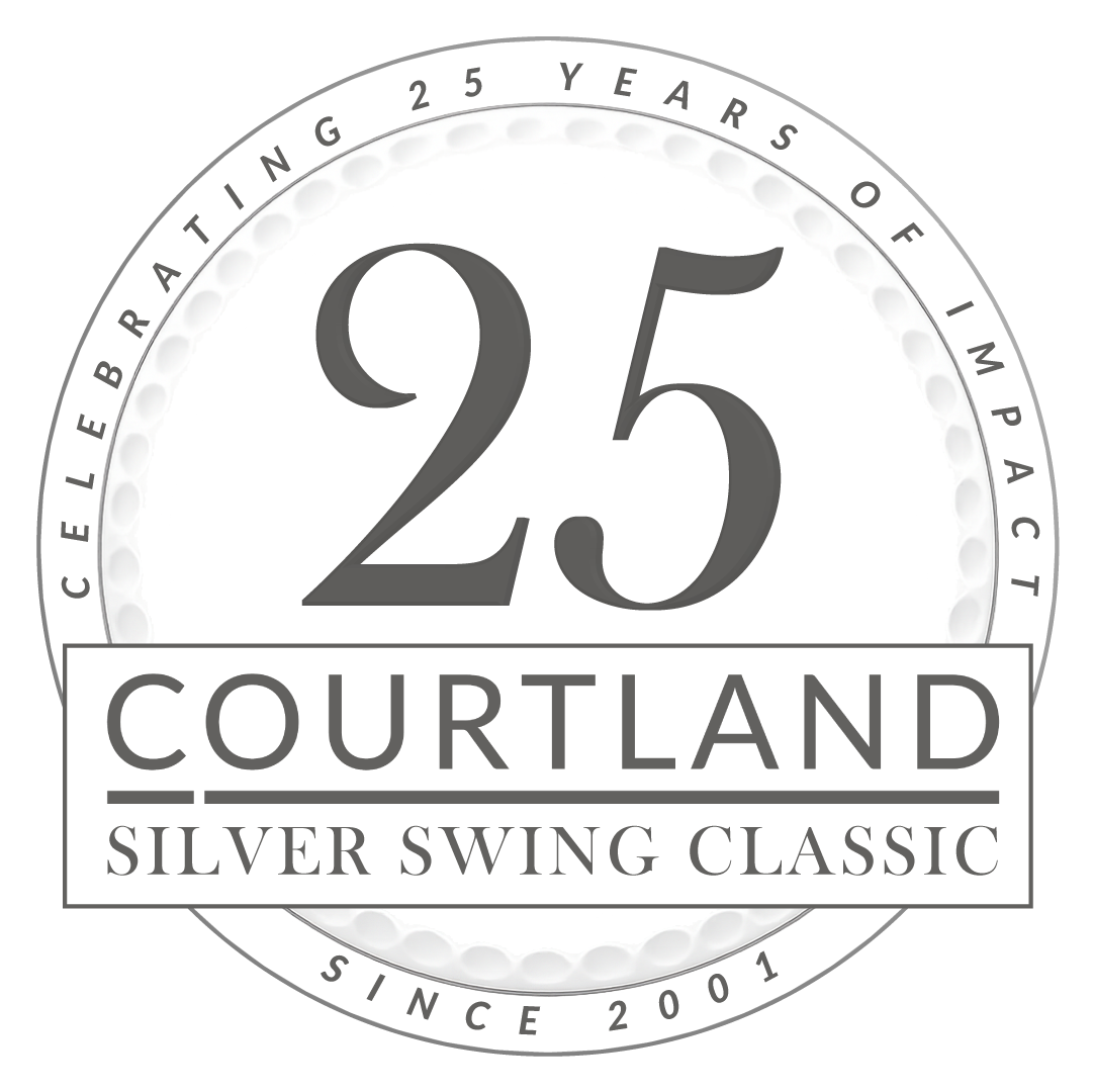A circular logo with the number 25 in the center. Around the top half of the circle, it reads 'Celebrating 25 Years of Impact,' and around the bottom half, it says 'Since 2001.' Below the number 25, it says 'Courtland Silver Swing Classic,' highlighted by a rectangular banner.