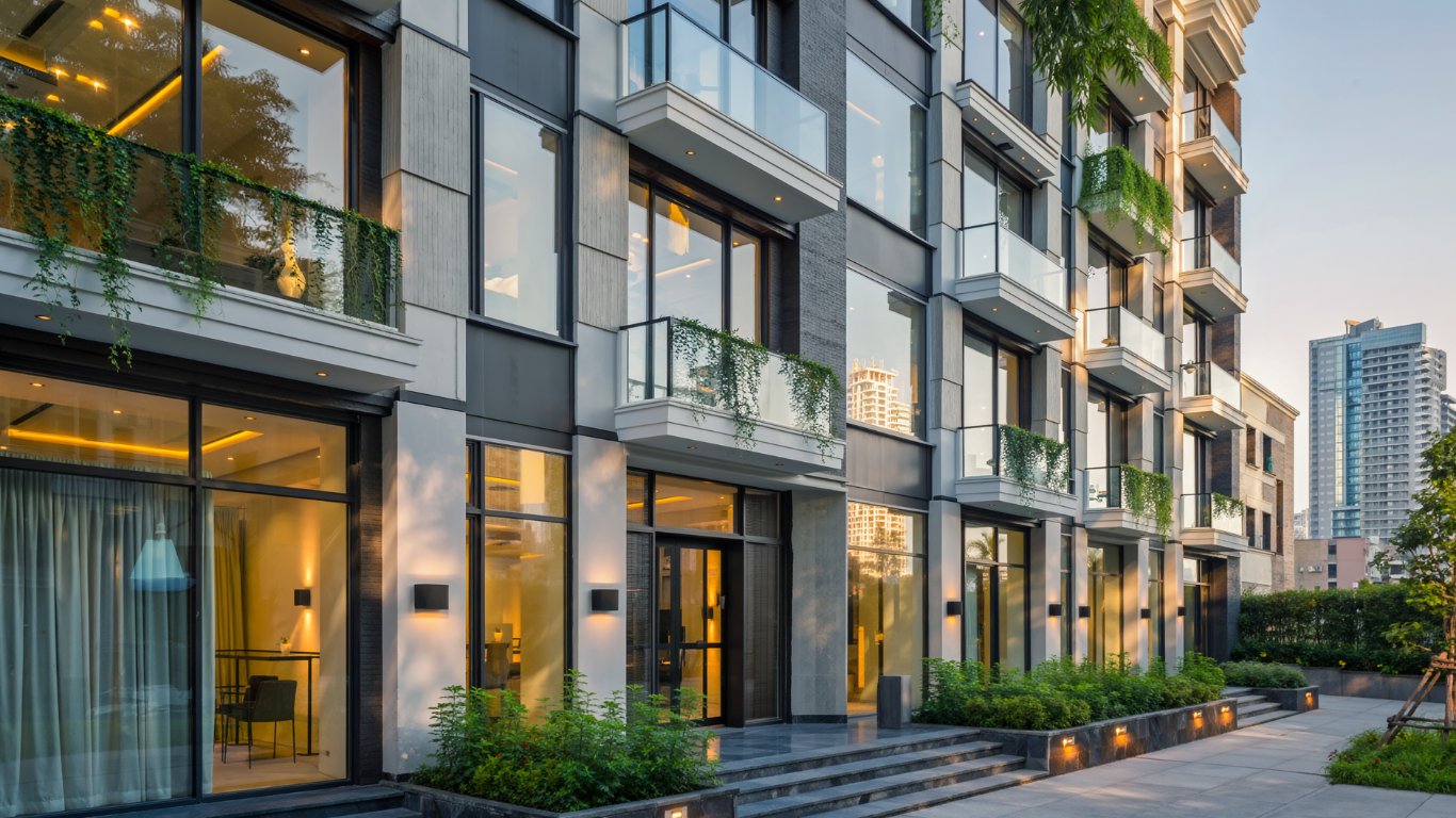 Moderne appartementencomplex met grote ramen, balkons met glazen balustrades, groene planten op de balkons en tuin. Verlichting binnen en buiten voor een warme sfeer.
