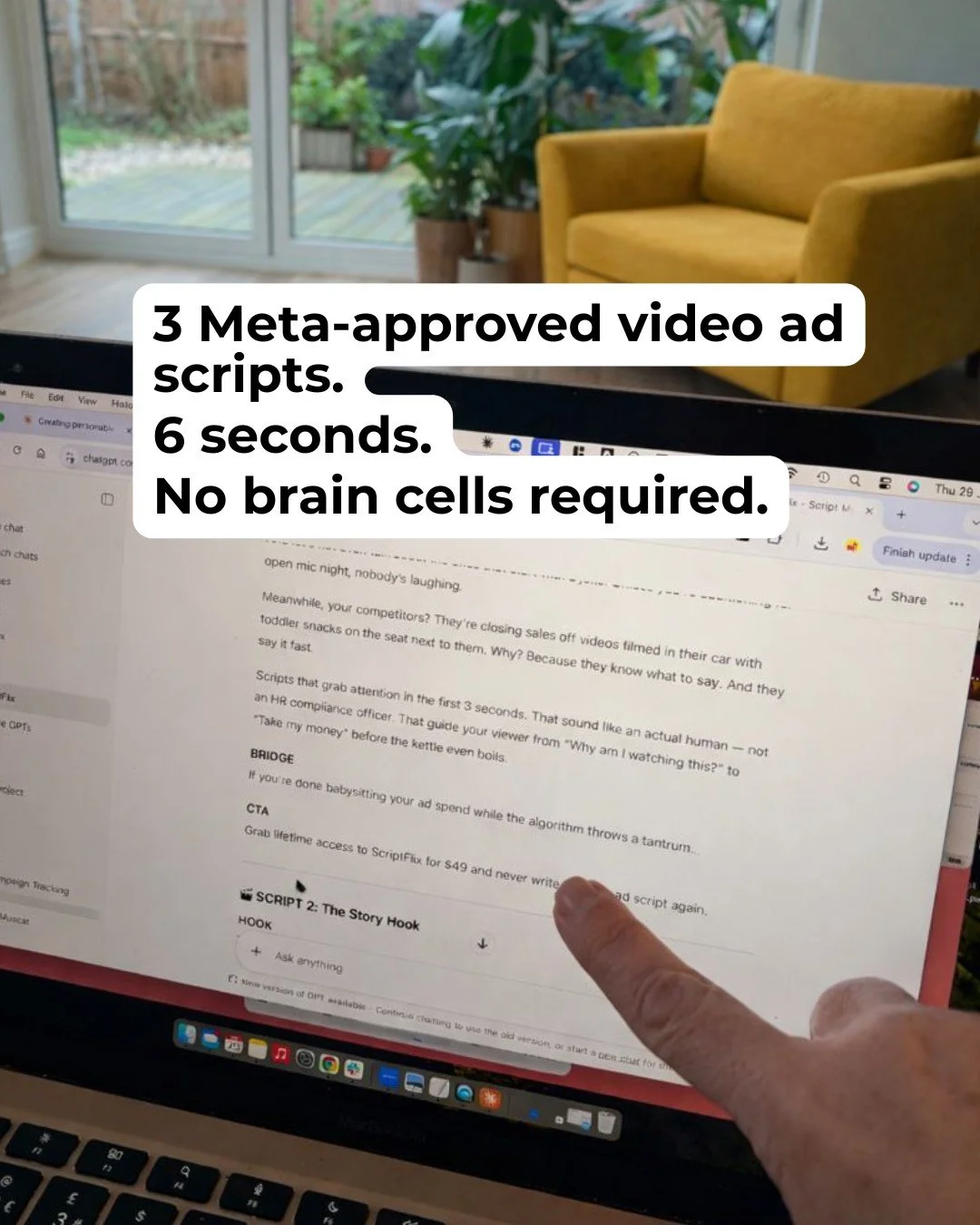 Look, I can't make you comfortable on camera. That's between you and the (wo)man in the mirror.

But what I CAN do is remove every single excuse you've been using to avoid making video ads.

"I don't know what to say" ❌
"Writing script