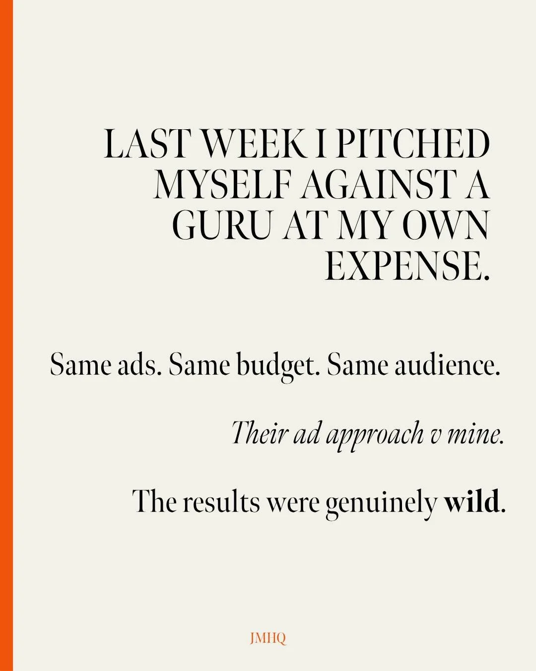 Spent last week running a little experiment.

My campaign setup versus a guru method that's been doing the rounds. Same ads. Same budget (&pound;50/day). Same audience. The only variable was how each campaign was structured.

Spoiler: Full week resul
