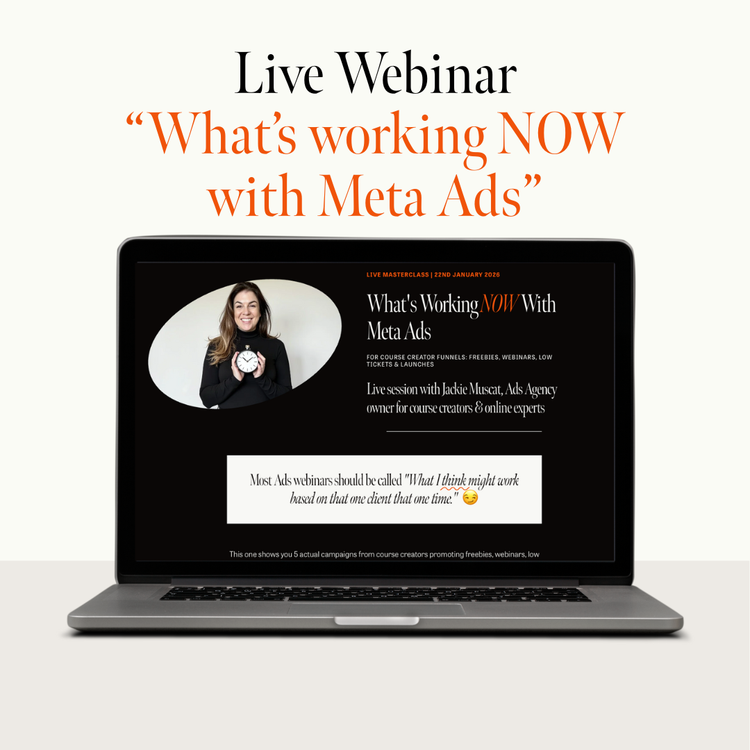 Promotional flyer for a live webinar titled 'What's working NOW with Meta Ads,' featuring an image of a woman holding a clock, with details about the event date, speaker Jackie Muscat, and tips for successful ad campaigns.