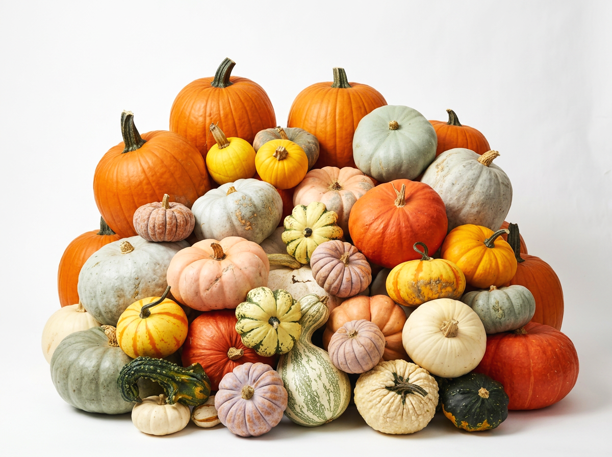A pile of various pumpkins and gourds in different colors, shapes, and sizes that were used to decorate a porch for Fall.