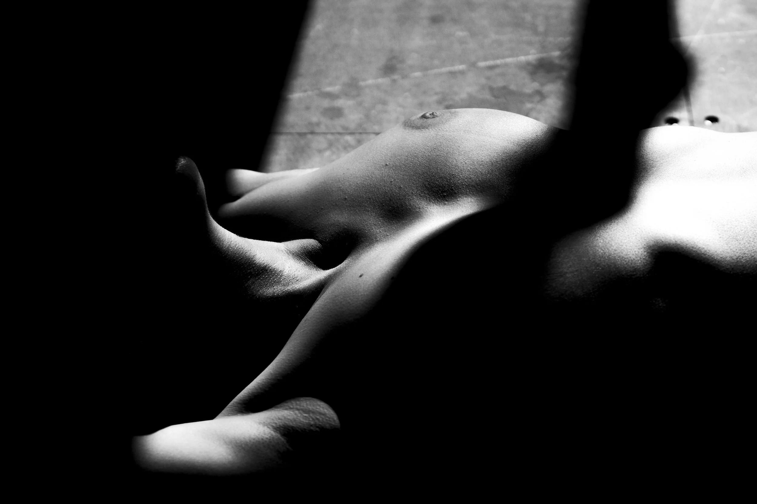 A black-and-white photograph of a nude female figure lying on a surface, with shadowed areas obscuring parts of her body, emphasizing the contours and texture of her skin.