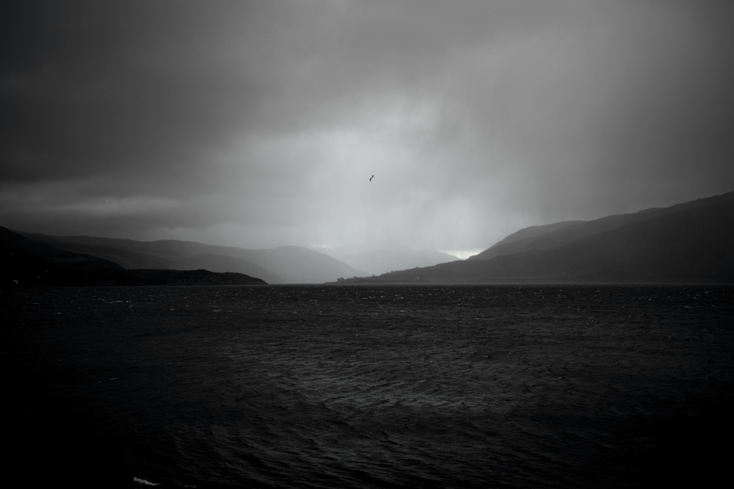 Black and white image of a body of water with mountain ranges in the background and a bird flying in the sky with dark clouds overhead.