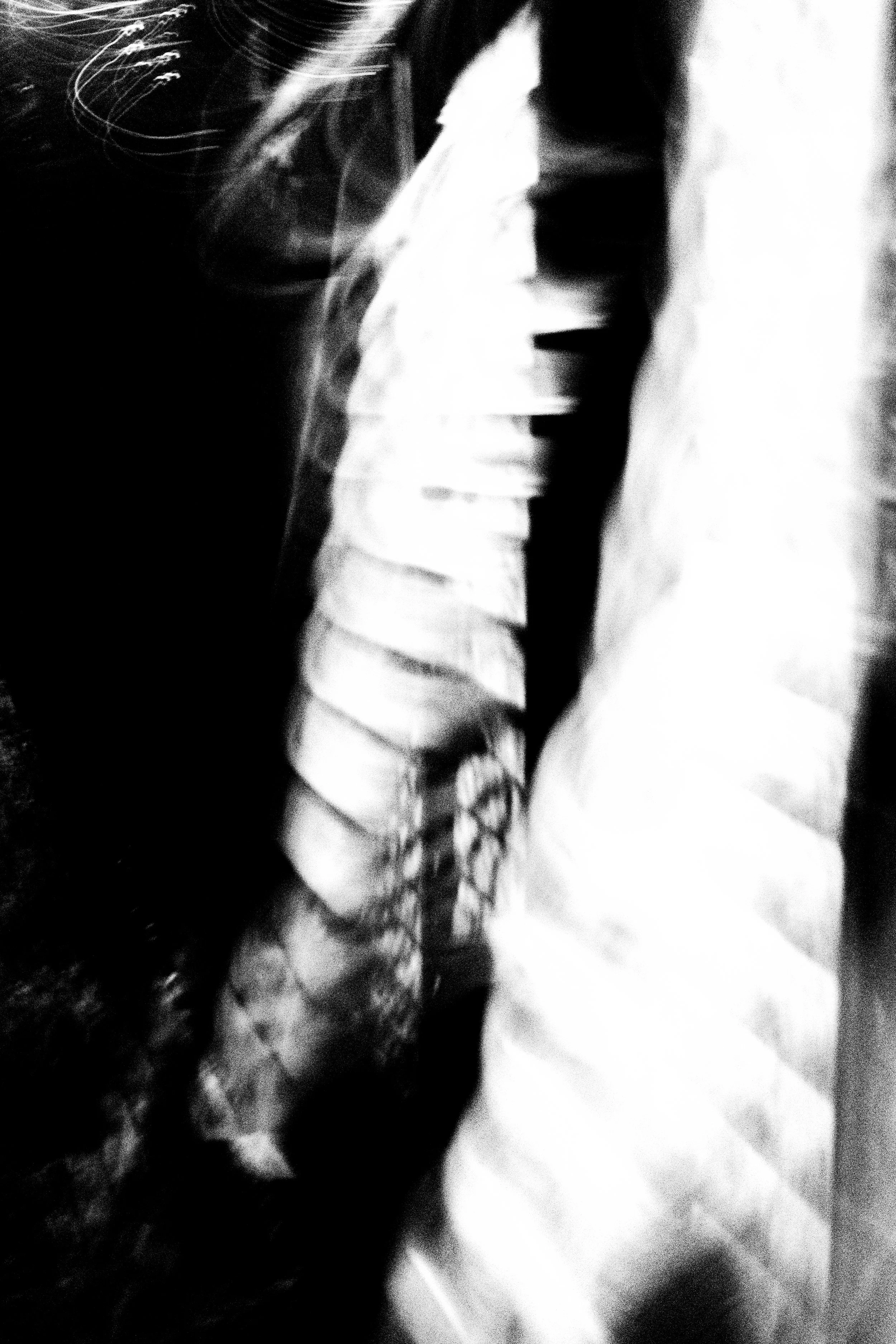 A black and white photograph of a woman's face, partially obscured, with wild, curly hair. The photograph has high contrast and abstract qualities.