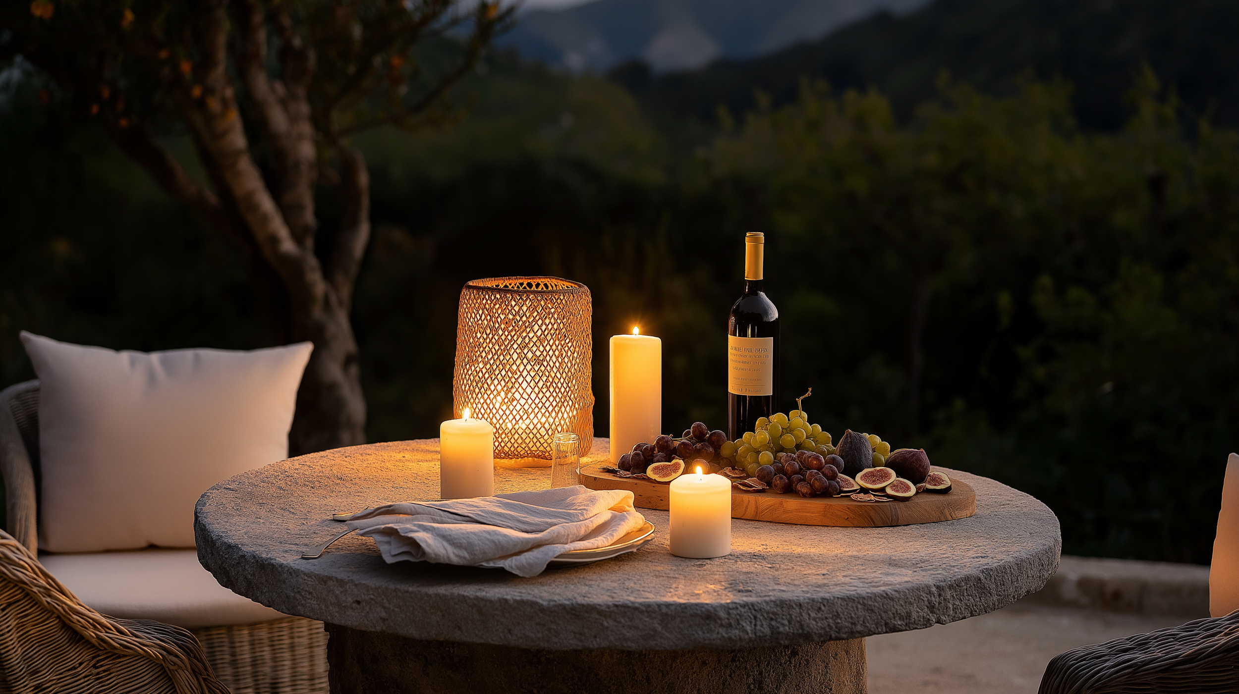 A rustic outdoor dining setting at dusk, featuring a round stone table adorned with glowing candle lanterns, a bottle of chilled white wine, and an artisanal charcuterie board with fresh grapes, figs, nuts, and jam. Soft ambient light from the sunset