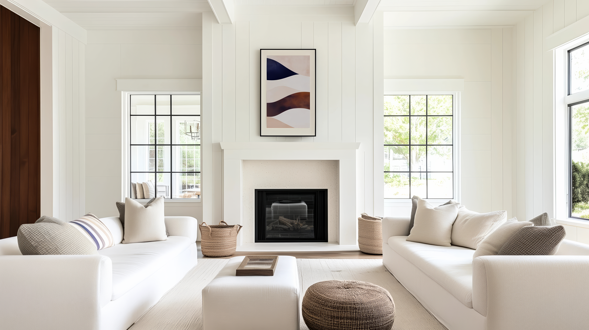 Bright and airy living room showcasing contemporary abstract wall art above a sleek fireplace, paired with neutral sofas, textured baskets, and large windows creating an inviting atmosphere.