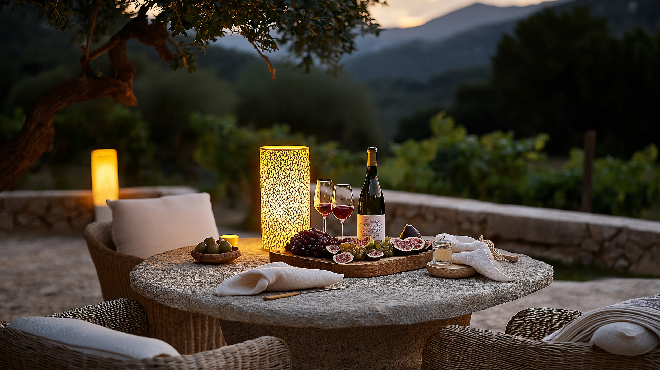 Rustic outdoor dining setup at sunset featuring a stone table with woven rattan chairs and plush cream cushions. A warm lantern casts a soft glow over a beautifully arranged spread of wine, fresh figs, grapes, and honey, creating an intimate and invi