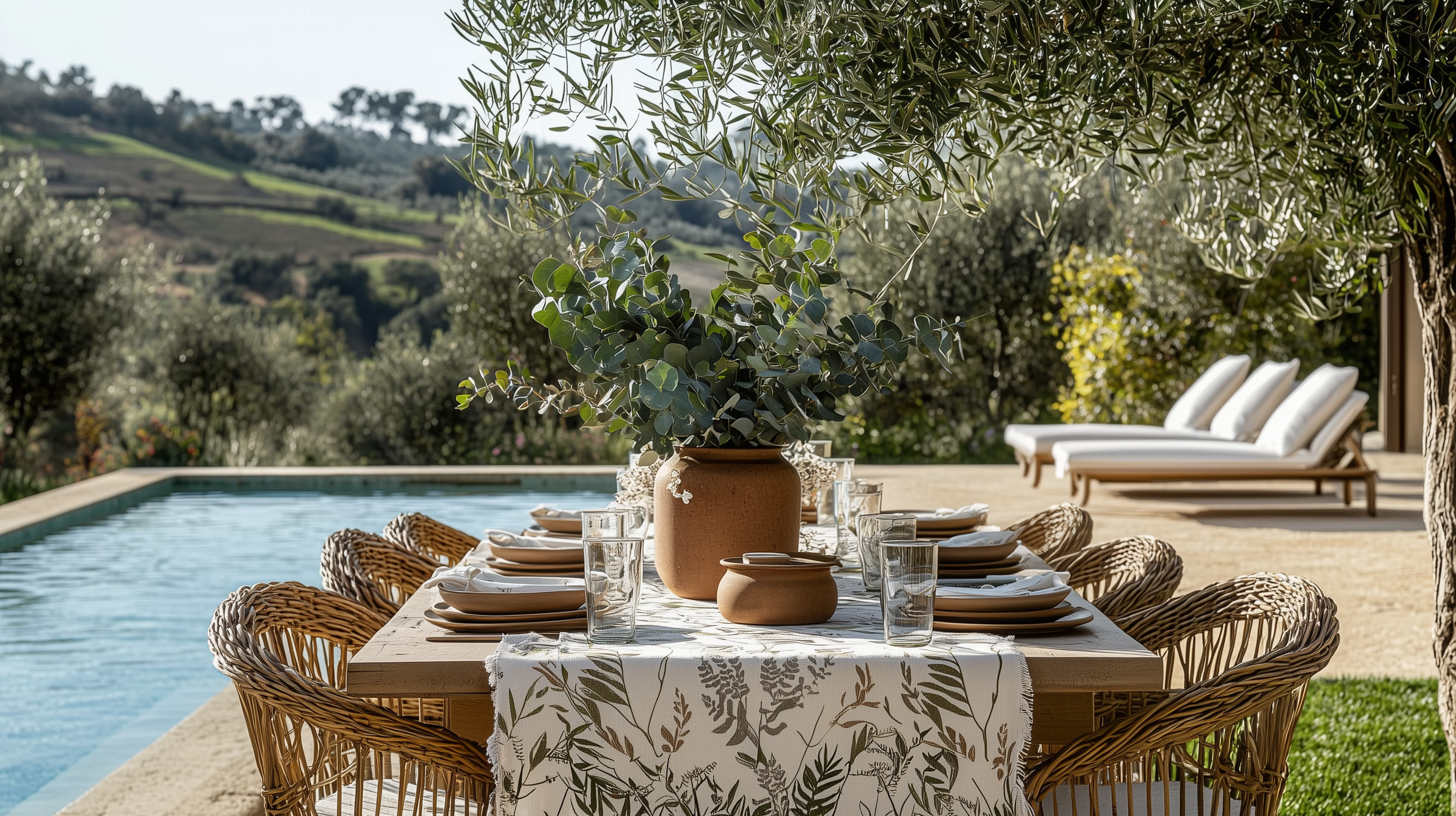 A luxurious outdoor dining setup beside a serene swimming pool, surrounded by lush greenery and rolling hills in the background. The rustic wooden table is elegantly draped with a botanical-patterned linen tablecloth, complemented by woven rattan din