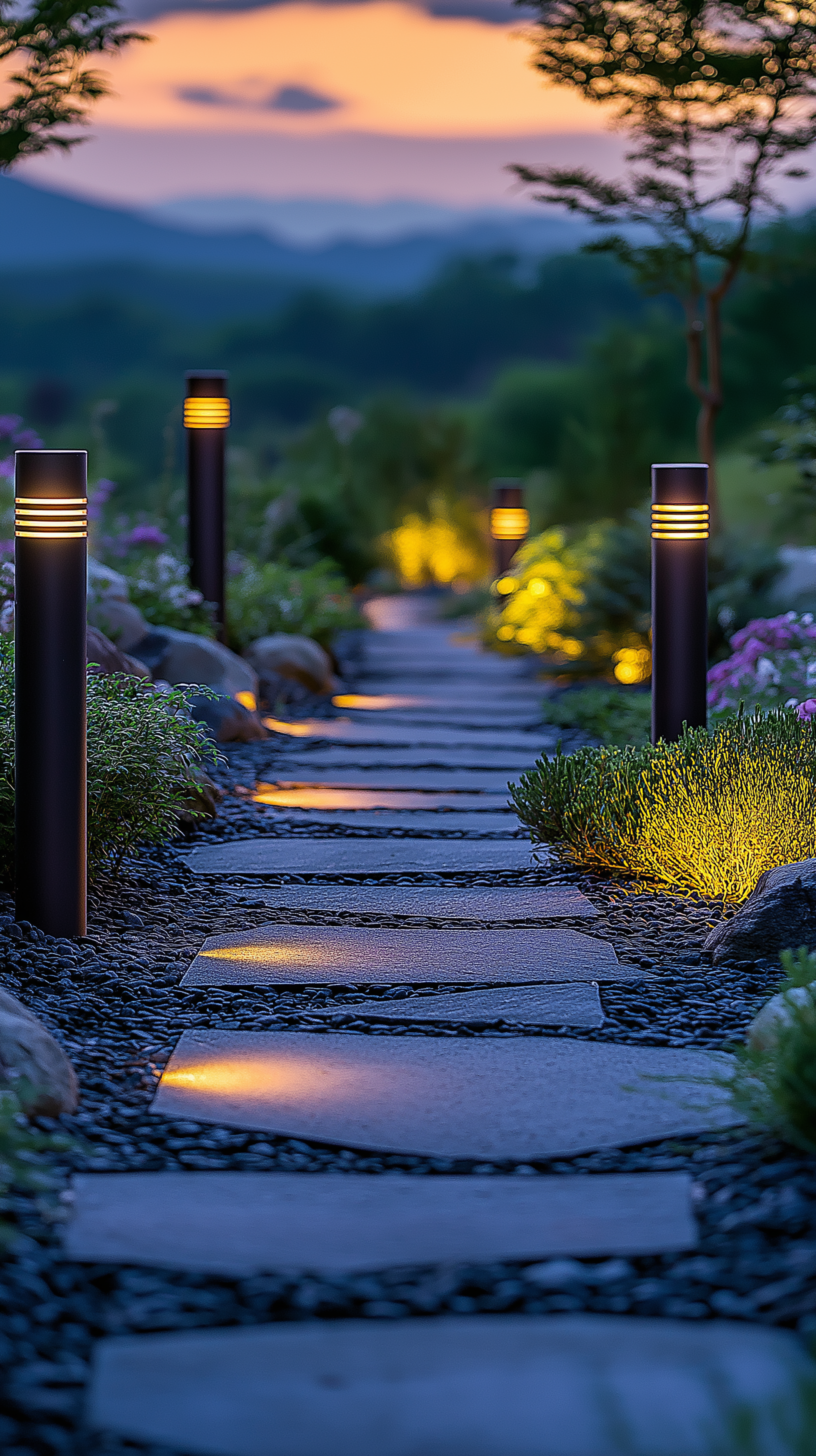 Garden path with landscape lighting in the evening, illuminated bollard lights on each side of the stone pathway in a modern garden design, beautiful landscaping and greenery at sunset.