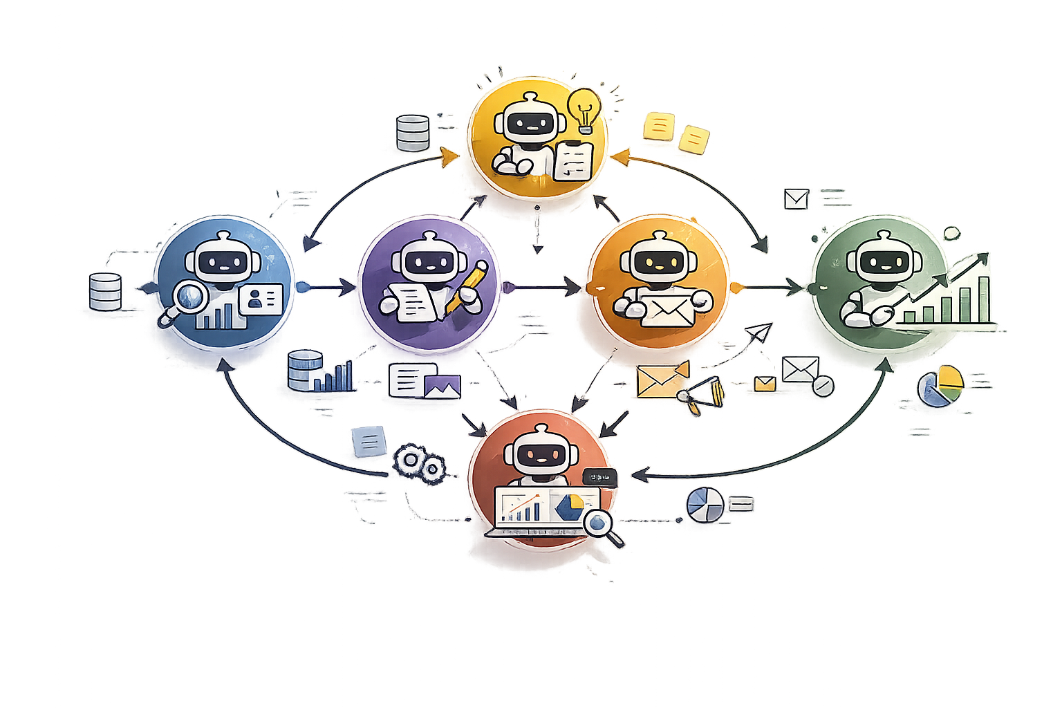 Flowchart illustrating agents working together in the business development engine workflow.   Collecting leads, analyzing data, writing, sending emails, and generating reports, connected by arrows indicating workflow.