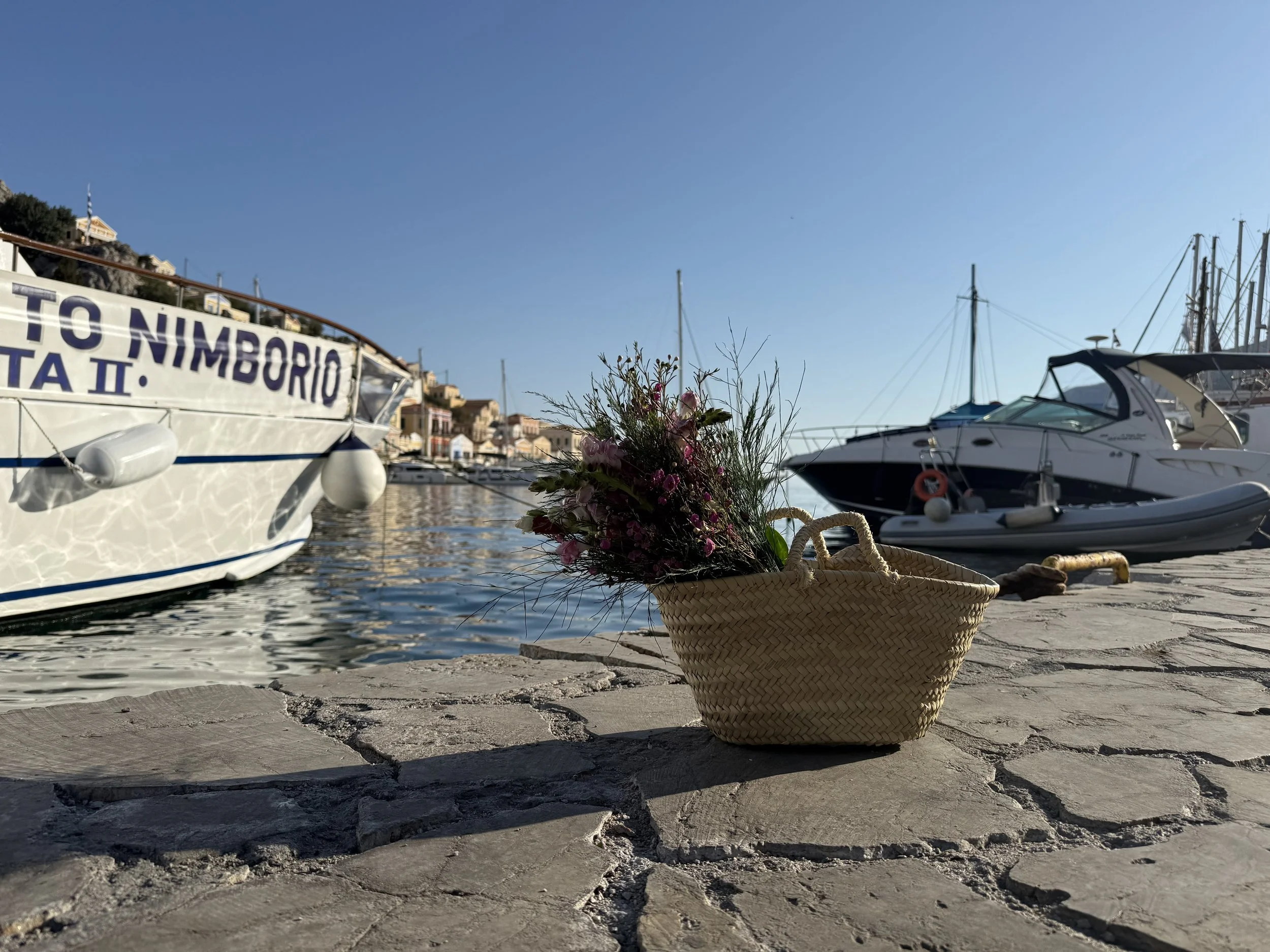 A boat dock or marina with boats and yachts moored along the water, with buildings on the hillside in the background, some flowers in a basket in the foreground, and a clear blue sky overhead.