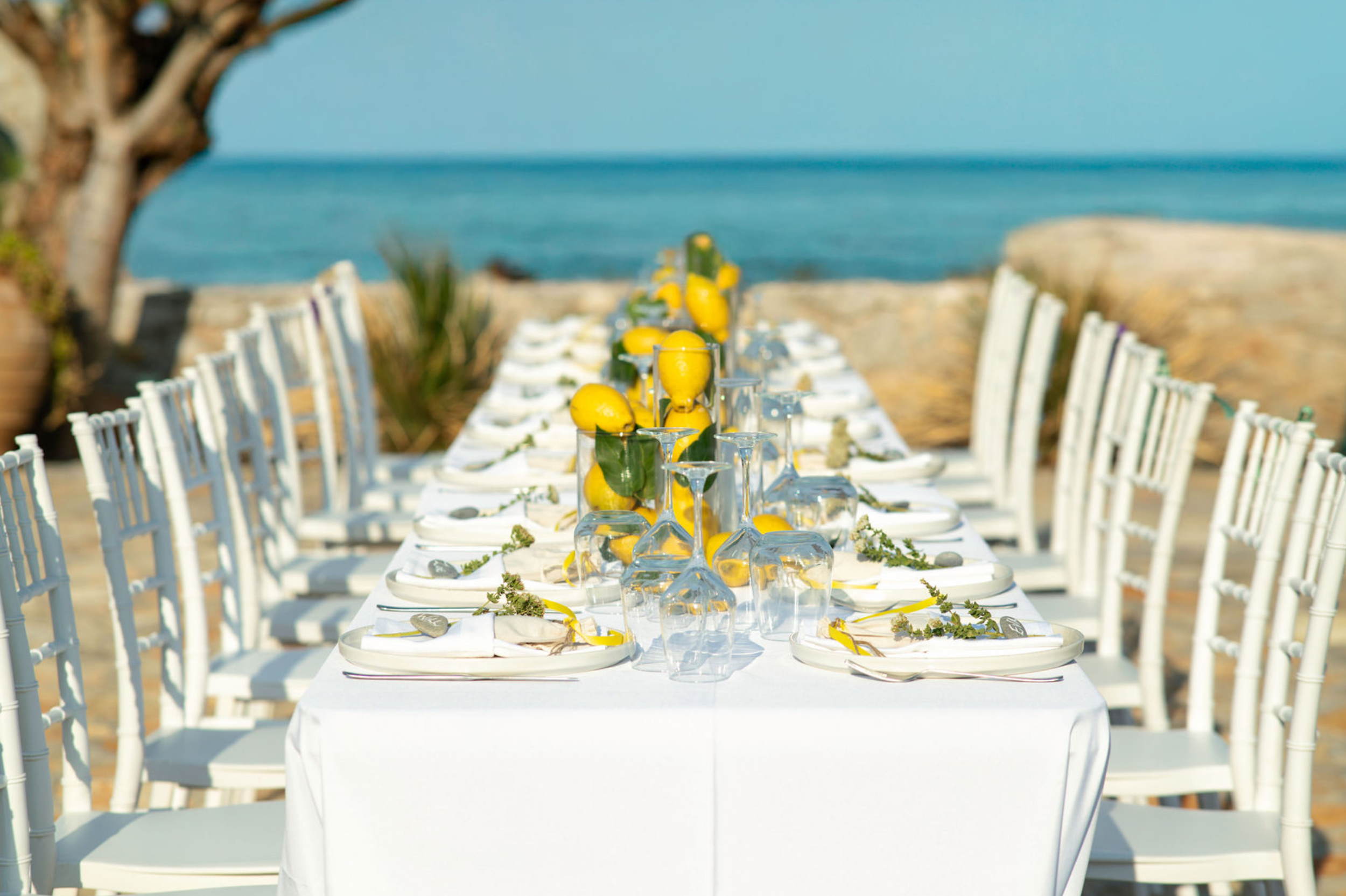 A long outdoor dining table set with white plates, glasses, and yellow lemons as centerpieces near a beach with blue water and a clear sky in the background.