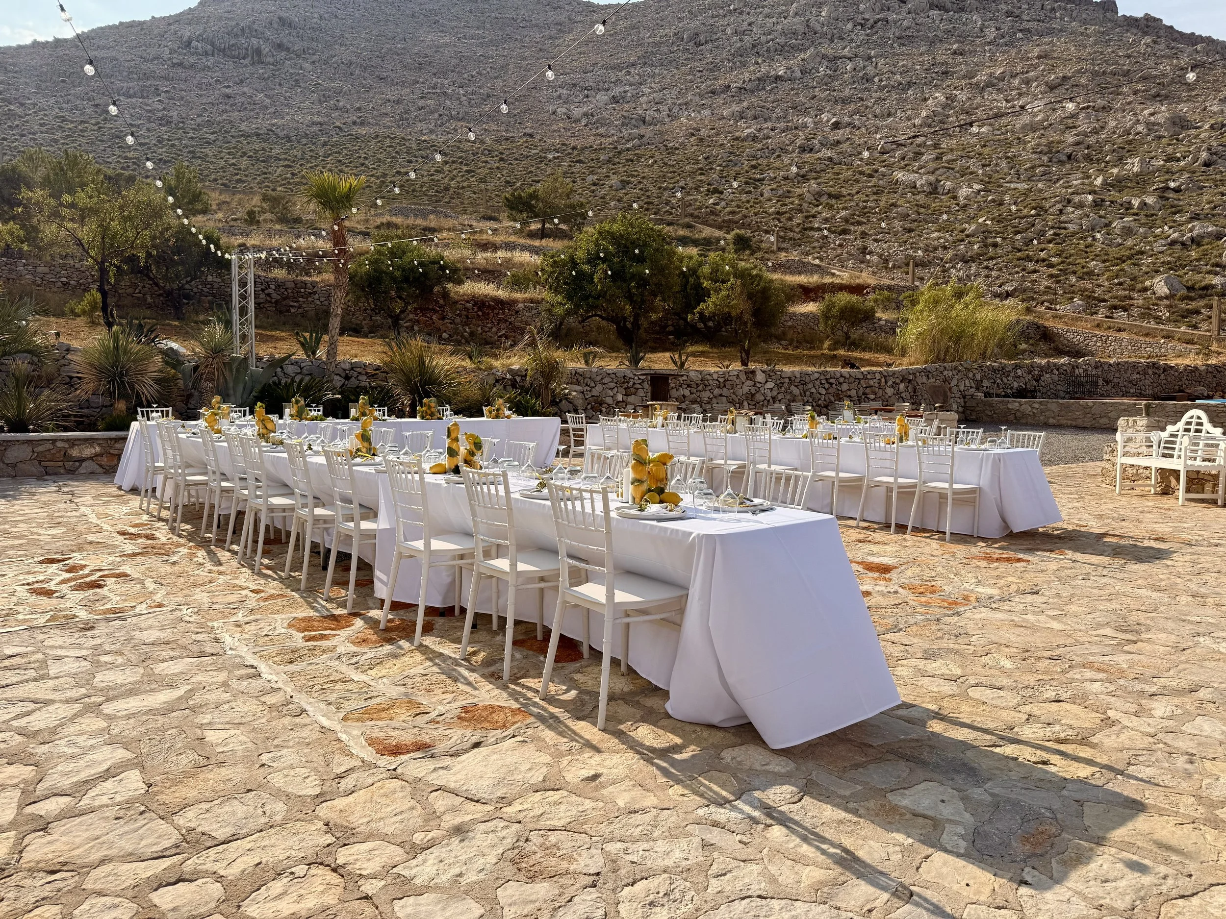 An outdoor event setup with a long banquet table covered in white cloth, decorated with yellow arrangements, surrounded by white chairs, in a desert landscape with rocky hills, sparse vegetation, and string lights overhead.