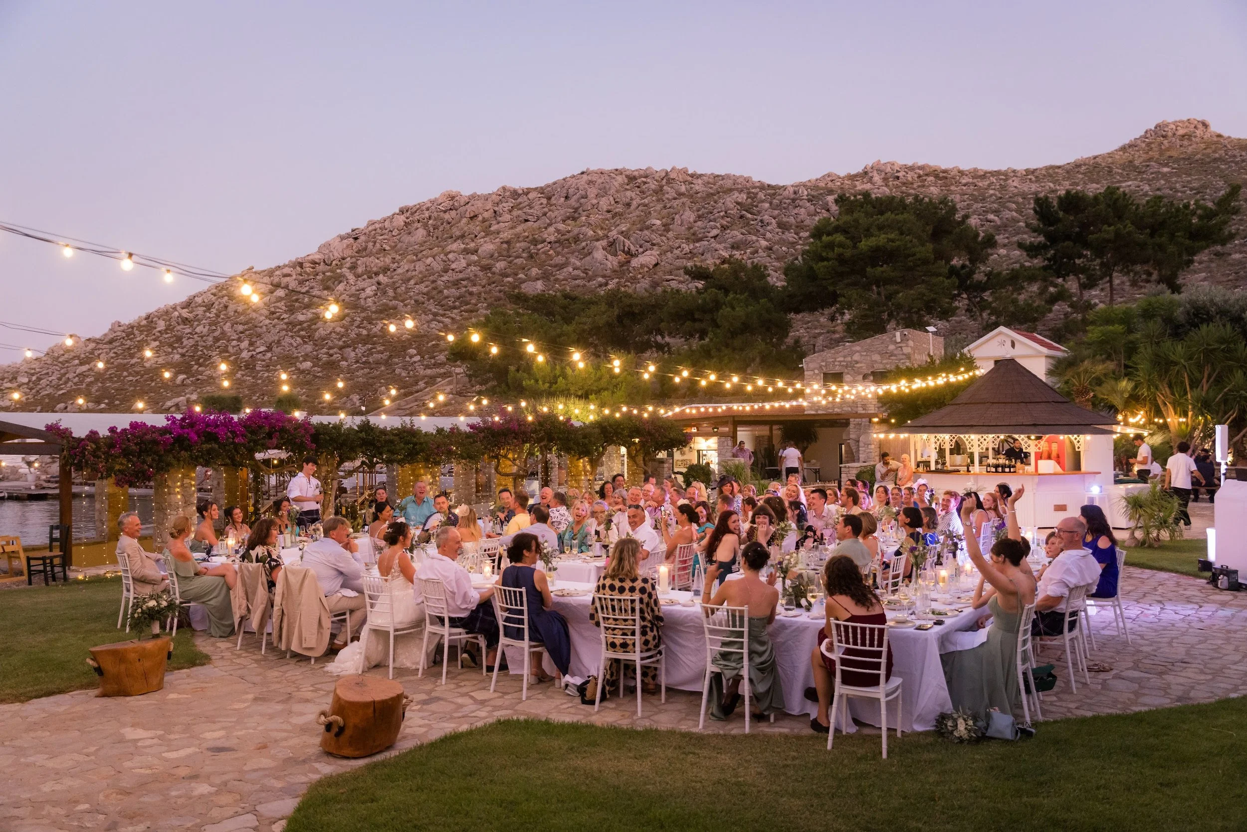 Outdoor wedding reception with tables and guests, string lights hanging, a mountain in the background, and pink flowering bushes.