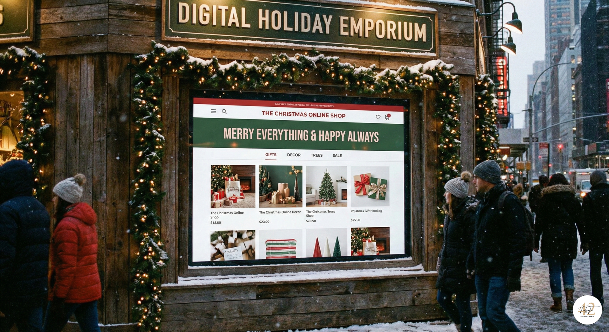 Realistic digital storefront concept featuring a cozy Christmas shop window with a large screen displaying an interactive e-commerce website.