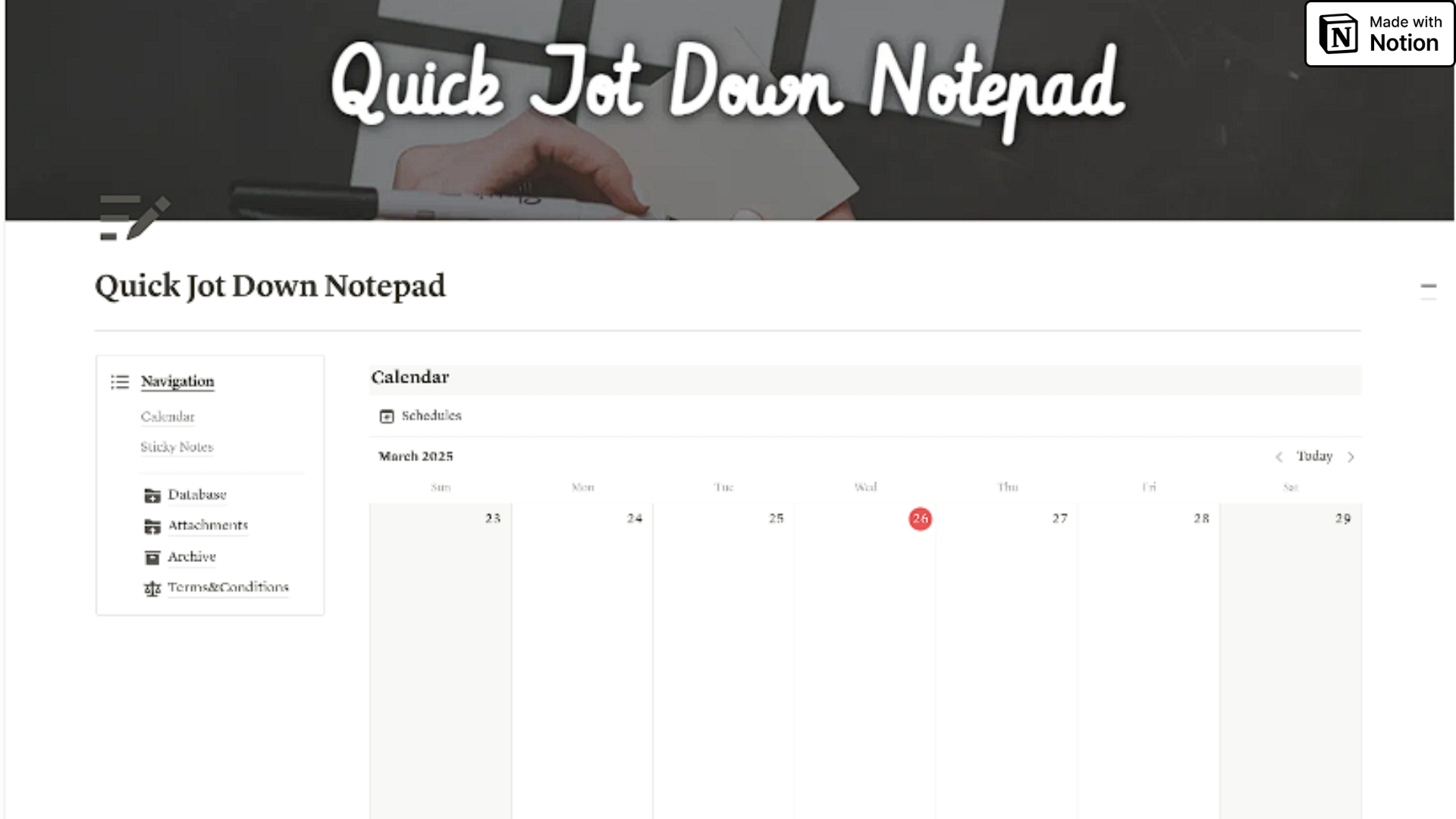 Screenshot of a digital notepad website titled "Quick Jot Down Notepad." The page features a calendar for March 2025 with a date highlighted in red. The website menu on the left includes sections for Navigation, Database, Attachments, Archive, and Terms & Conditions.