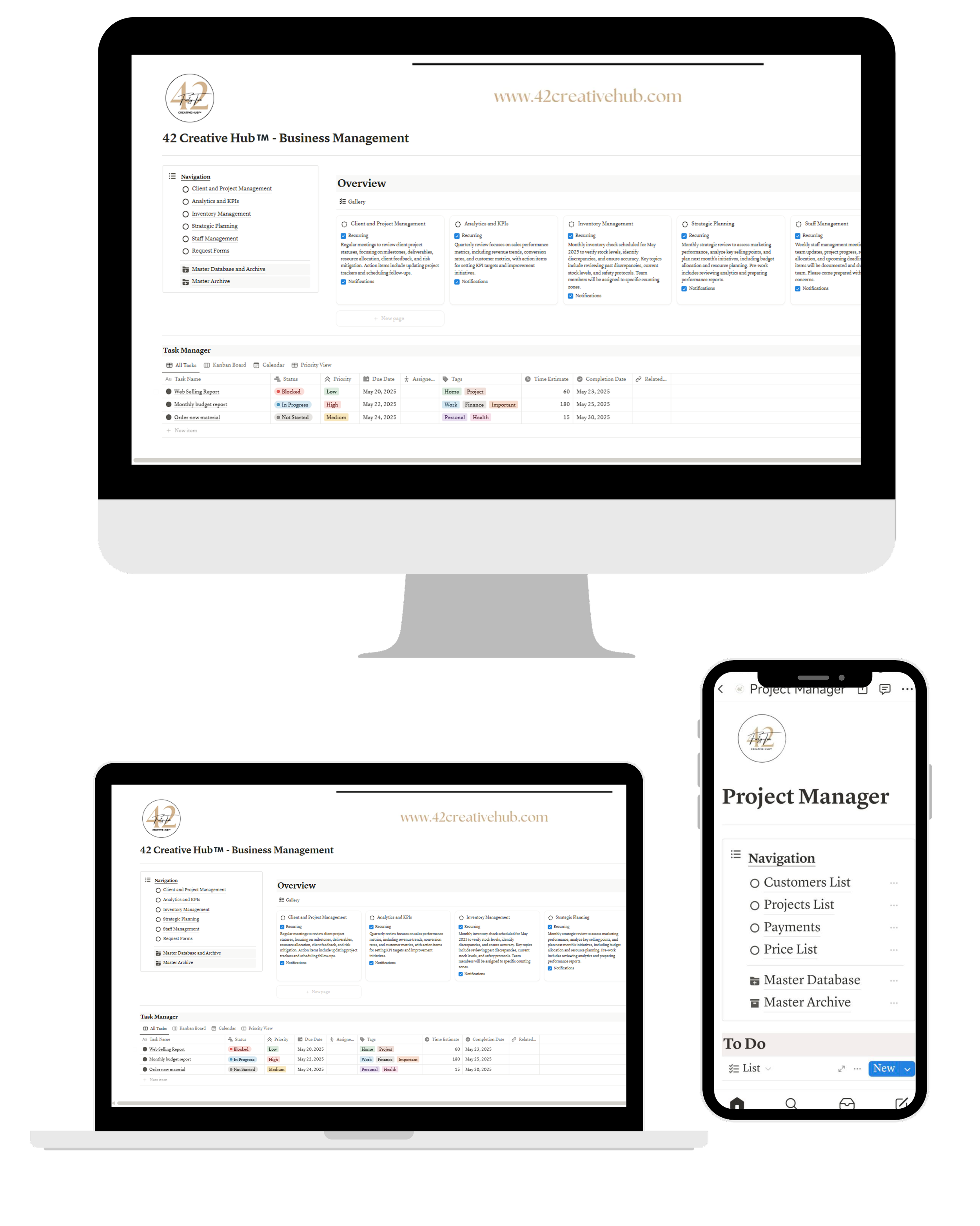 Screenshot of a project management Notion template displayed on a desktop monitor, a laptop, and a smartphone, showing navigation menus, task lists, and overview sections.