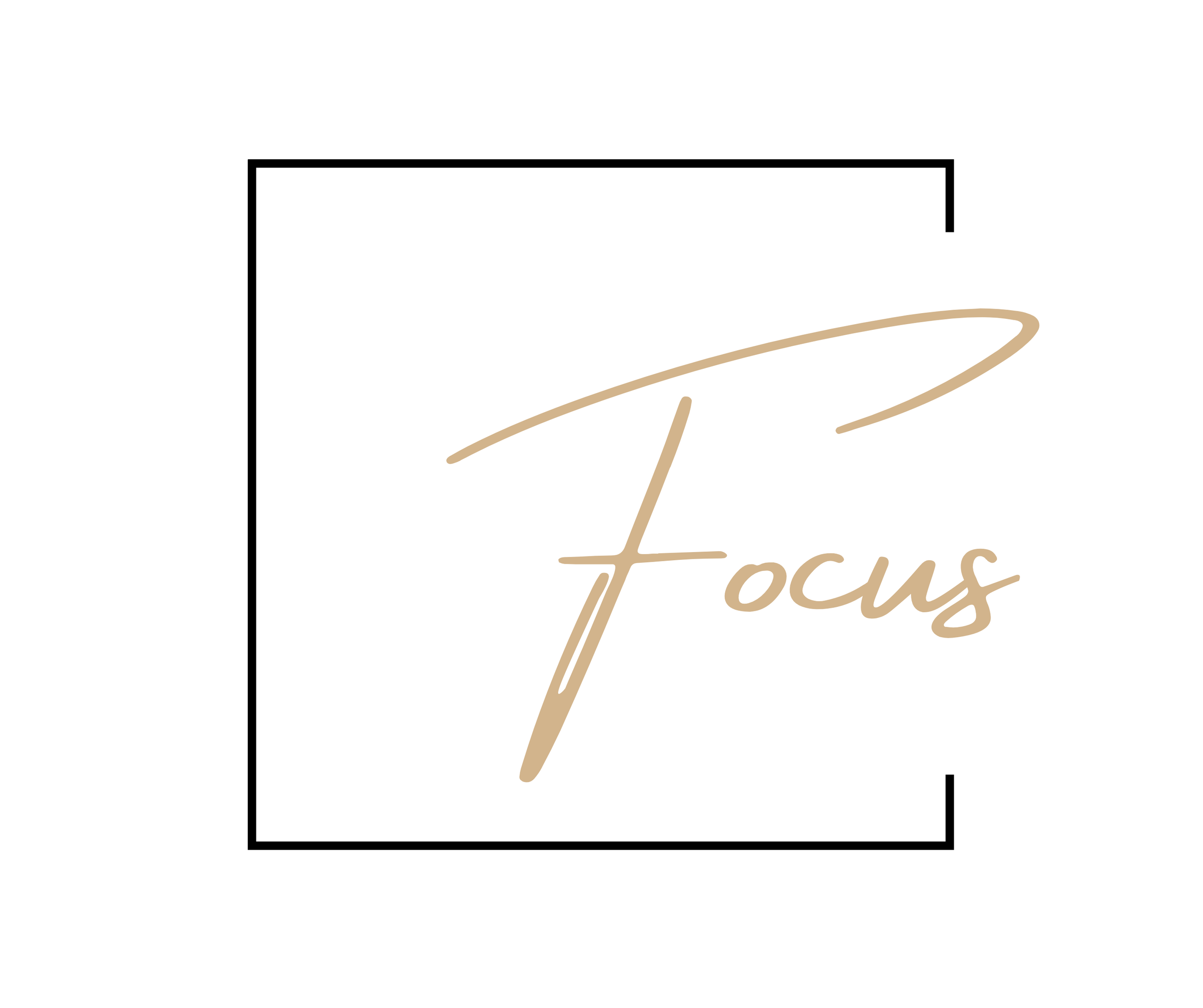 A minimalist logo with the word 'Focus' in beige cursive font, partially overlaying a thin black square outline.