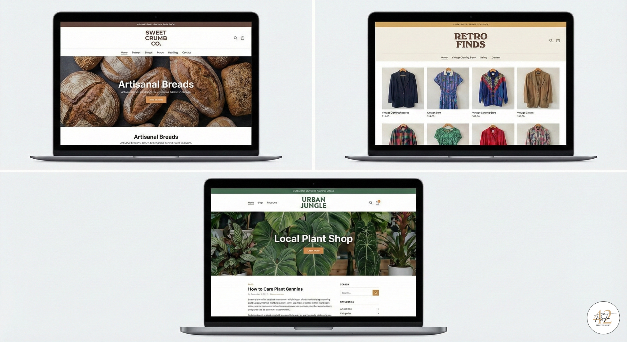 Collage of professional small business website screenshots featuring modern UI, holiday themes, and clean product grids.