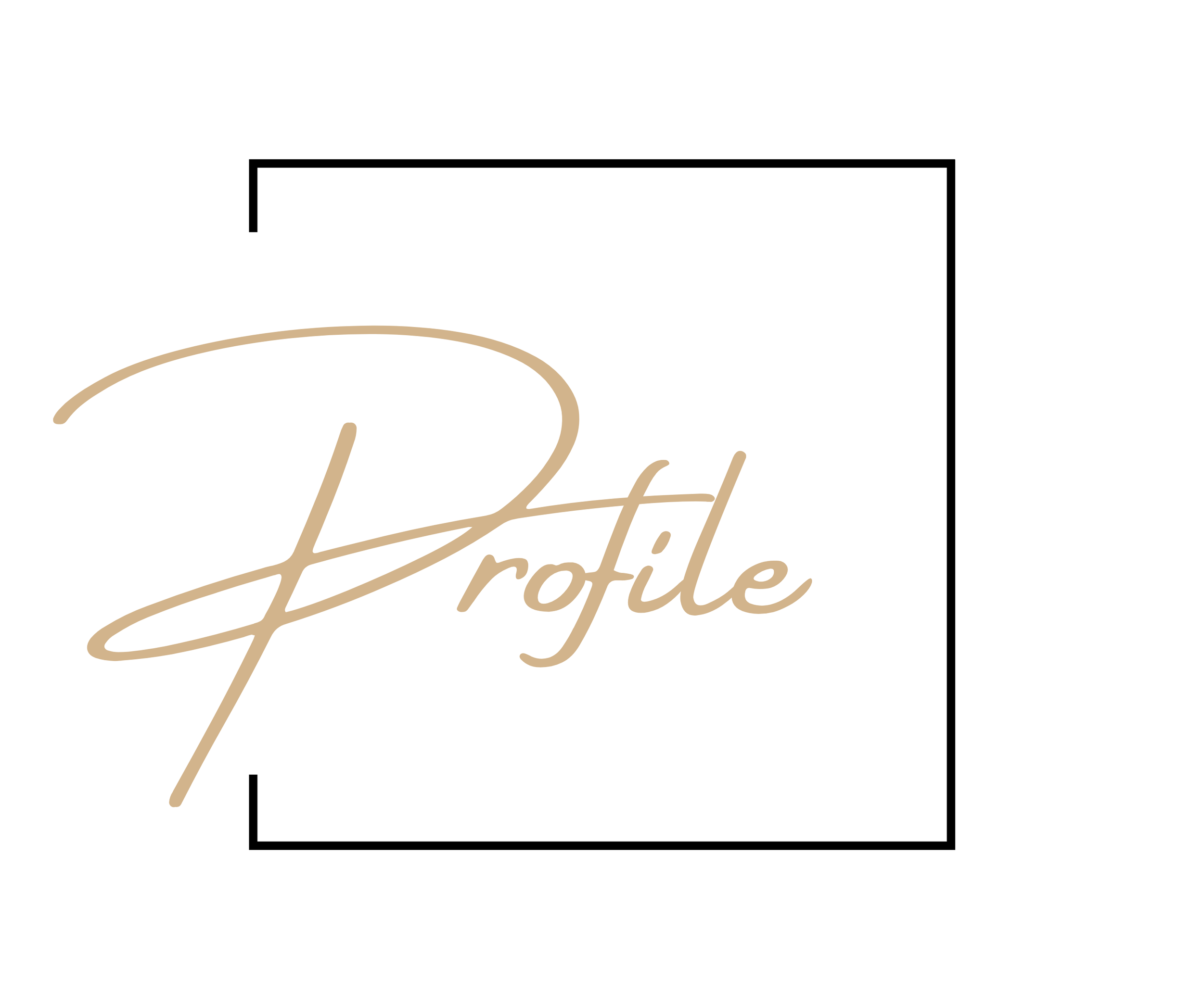 Stylized word 'Profile' written in beige script font inside an open black rectangle.