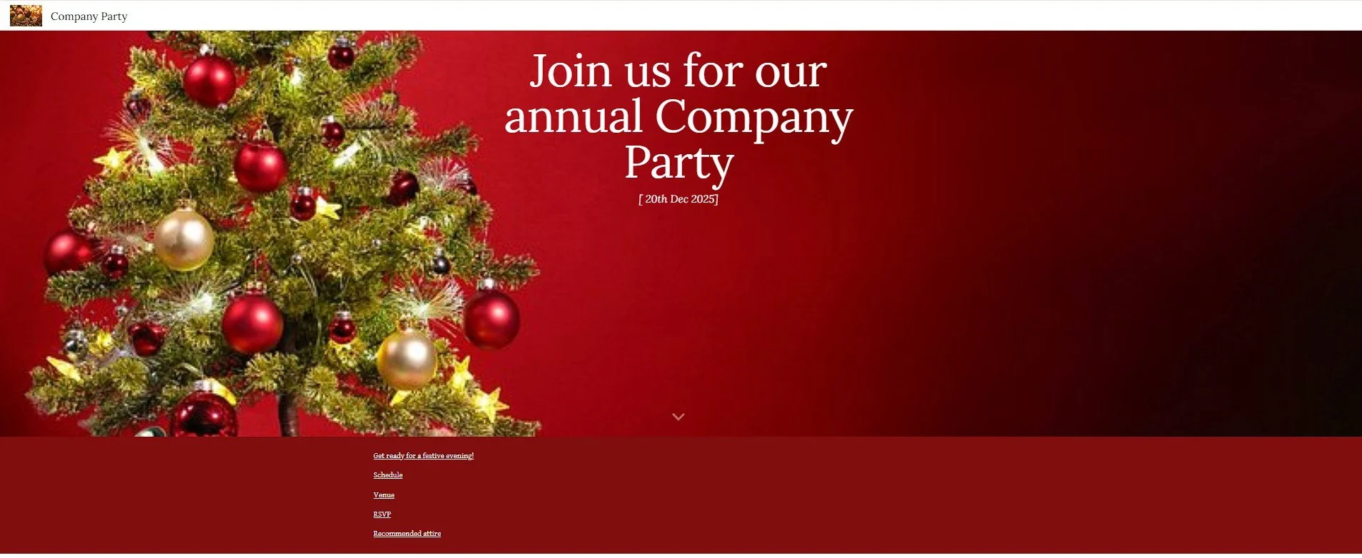 A holiday invitation webpage with a decorated Christmas tree on the left and text inviting viewers to a company holiday party on December 20th, 2025. The background is red and the page includes links for further event details.
